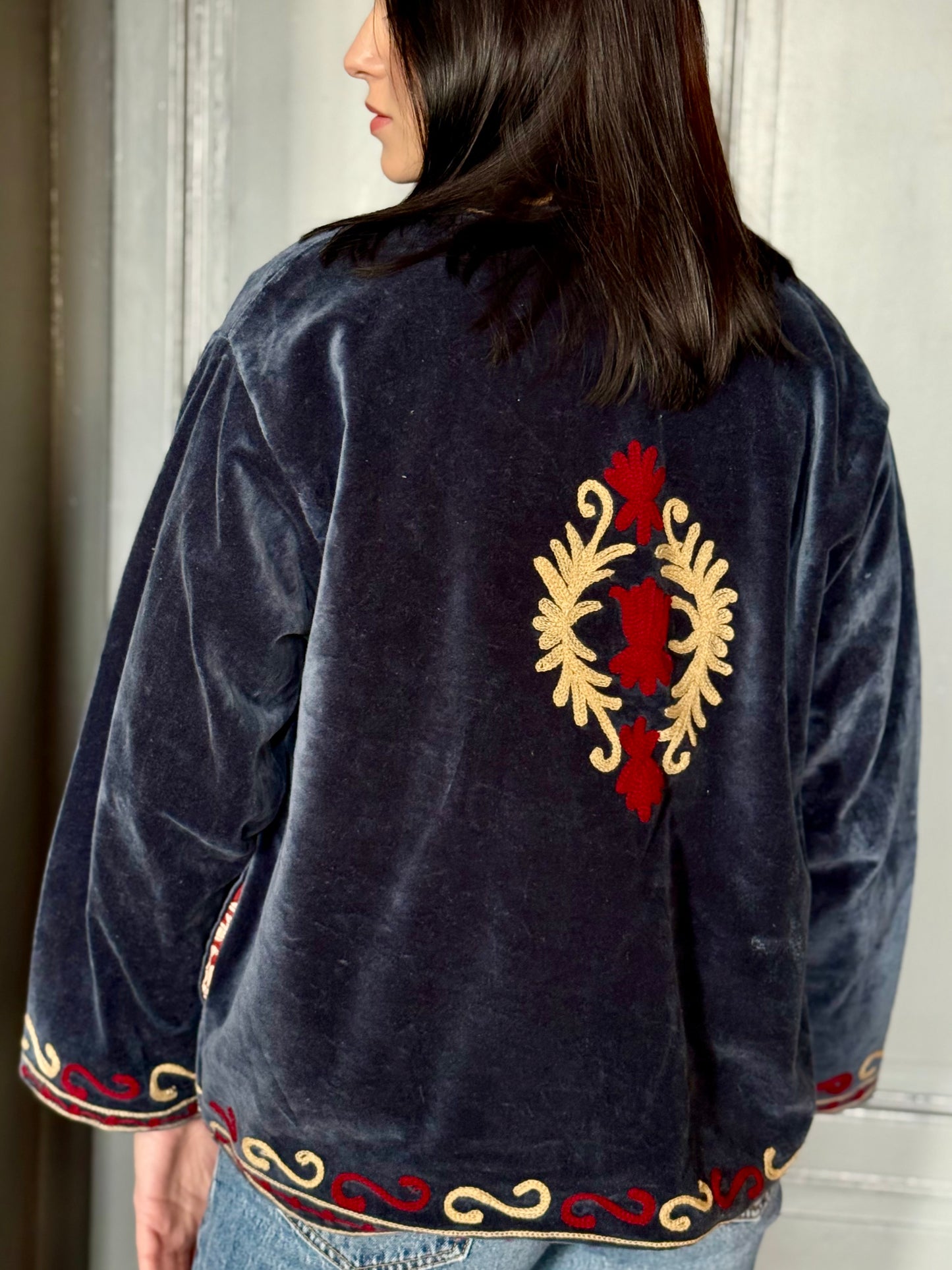 Rani Velvet Suzani Embroidered Jacket - Blue One Size