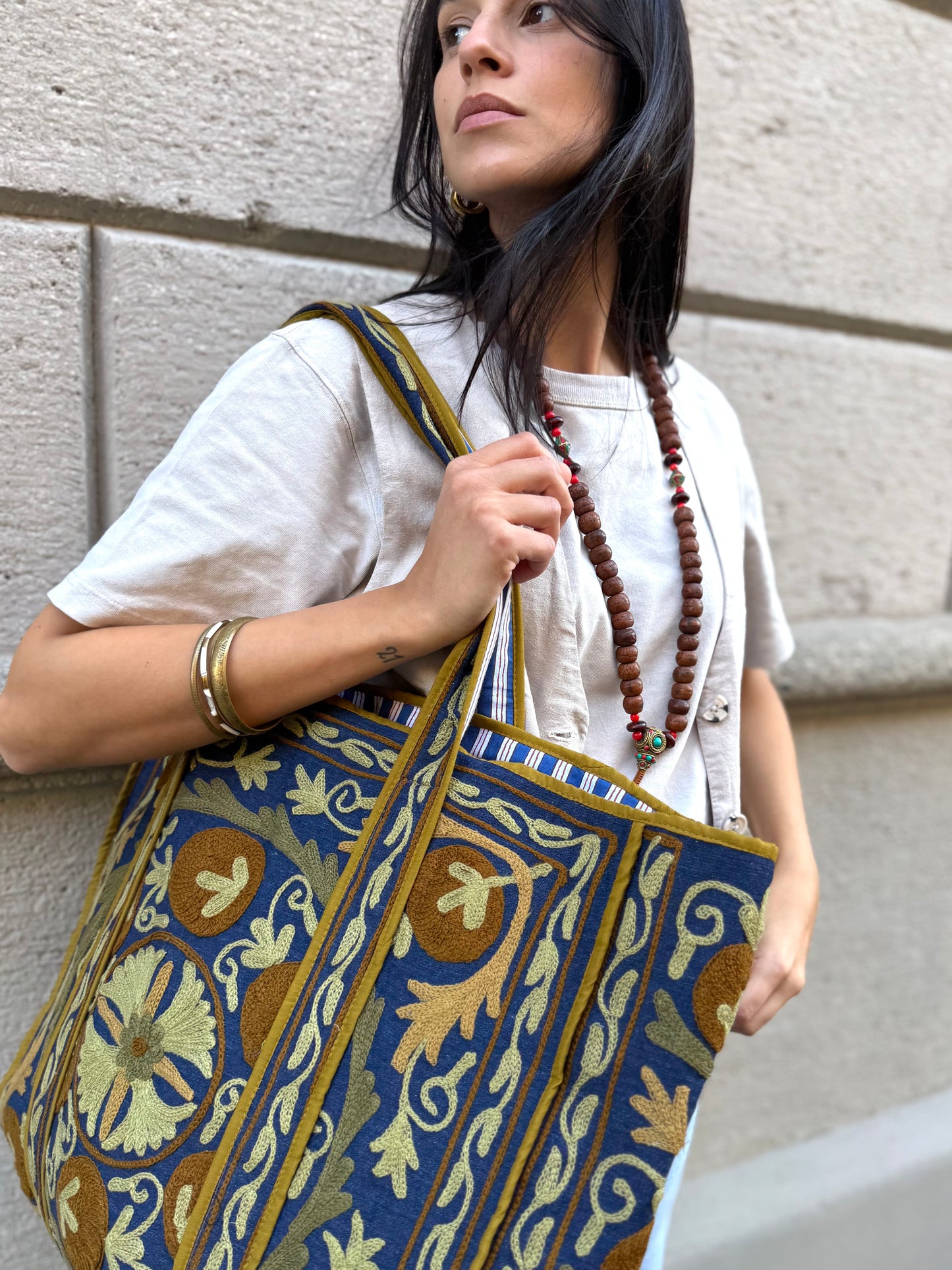 Denim Suzani Embroidered Tote Bag