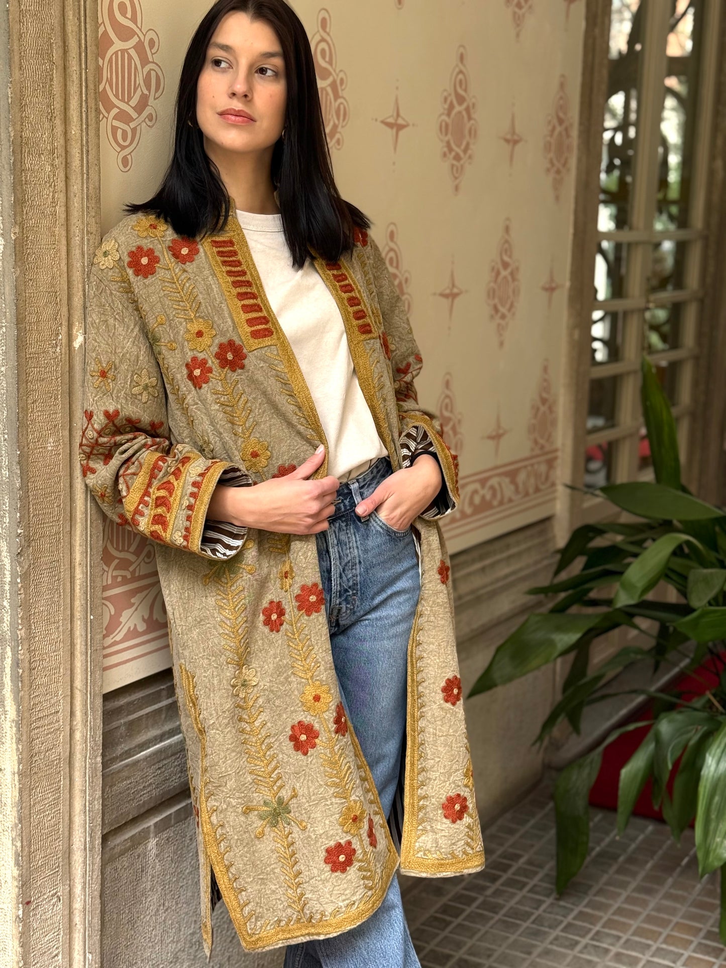 Embroidered Stone Washed Coat - One Size
