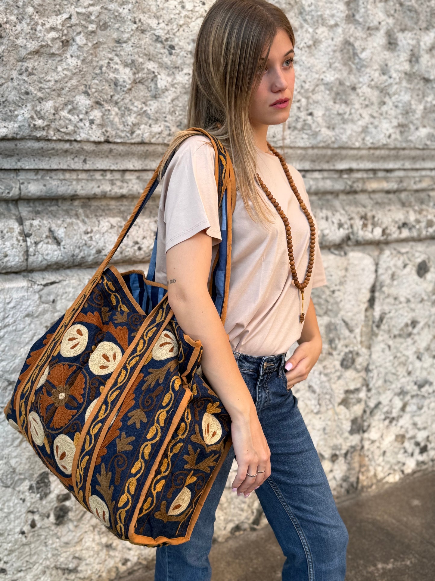 Denim Suzani Embroidered Tote Bag