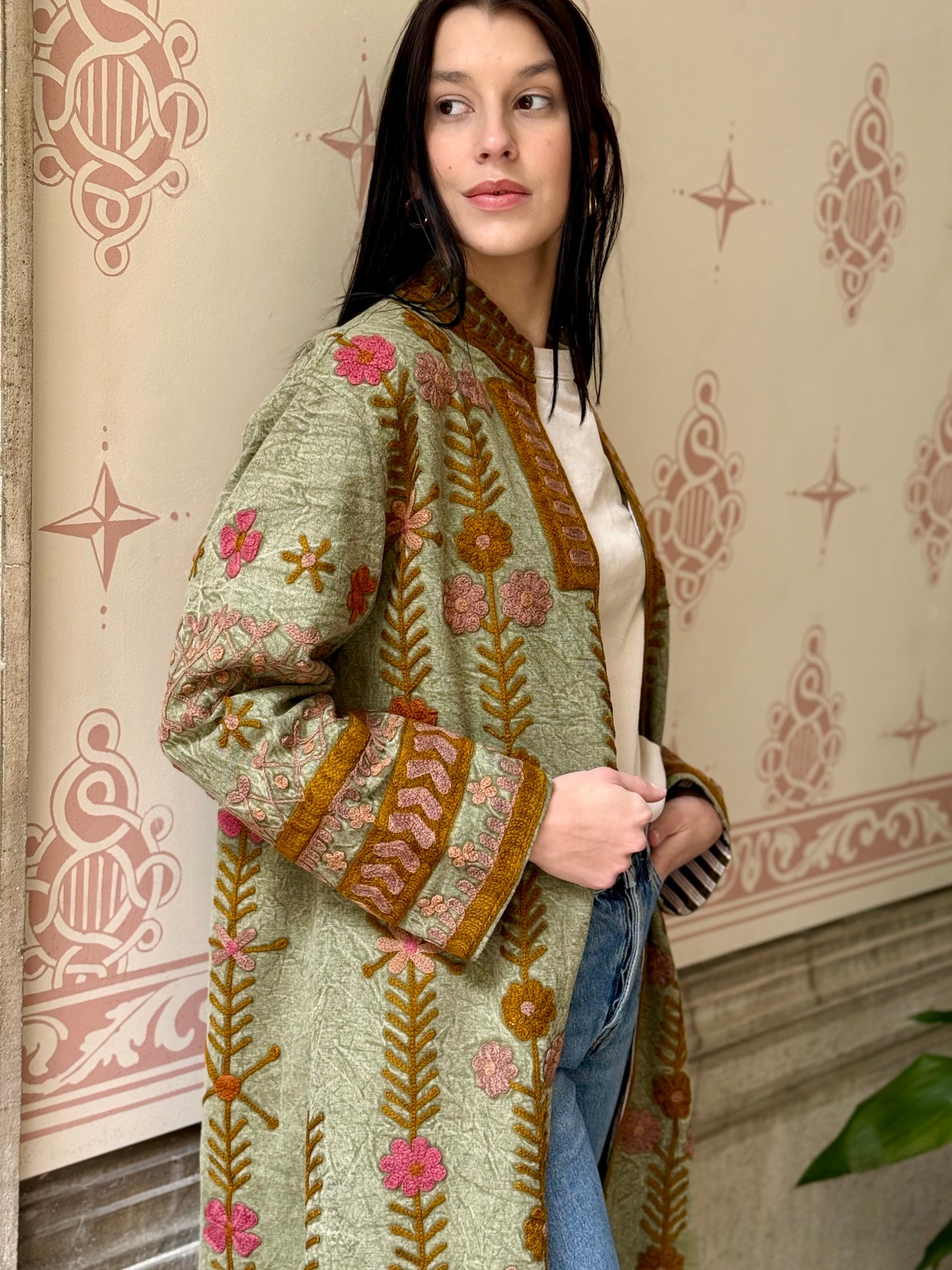 Embroidered Stone Washed Coat - One Size