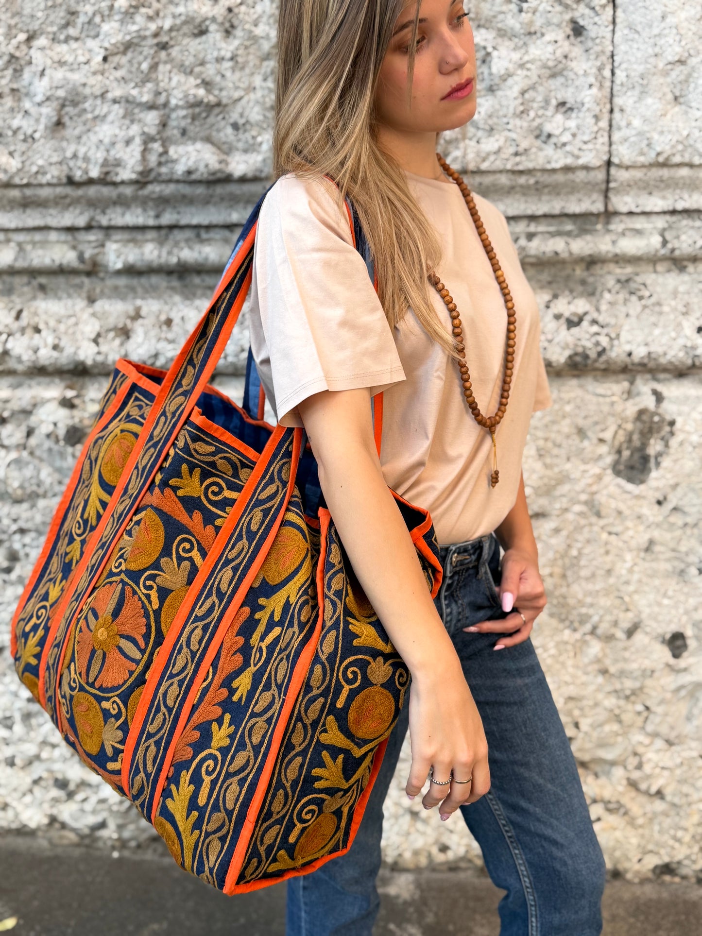 Denim Suzani Embroidered Tote Bag