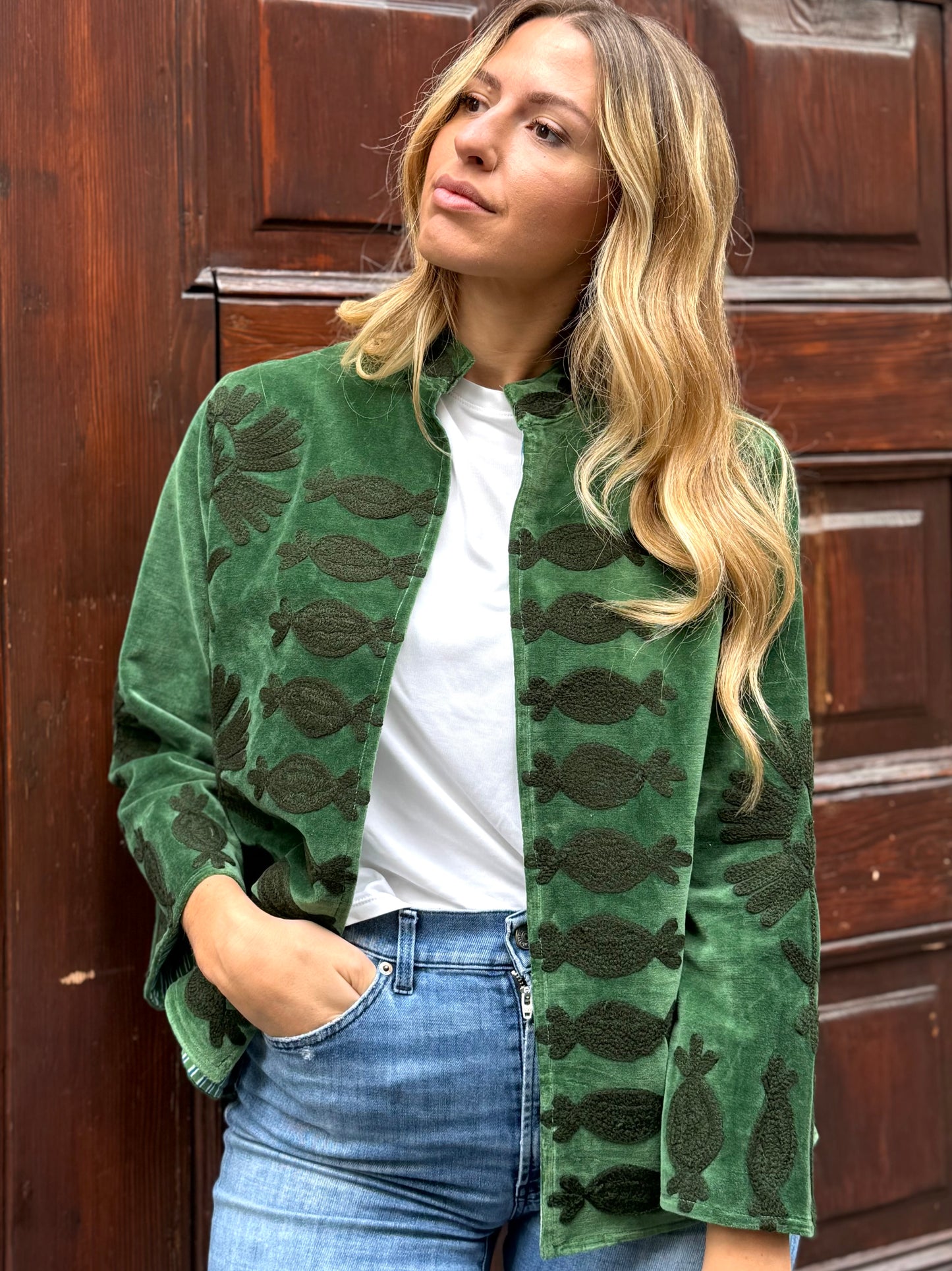 Flower Velvet Jacket - Green Medium