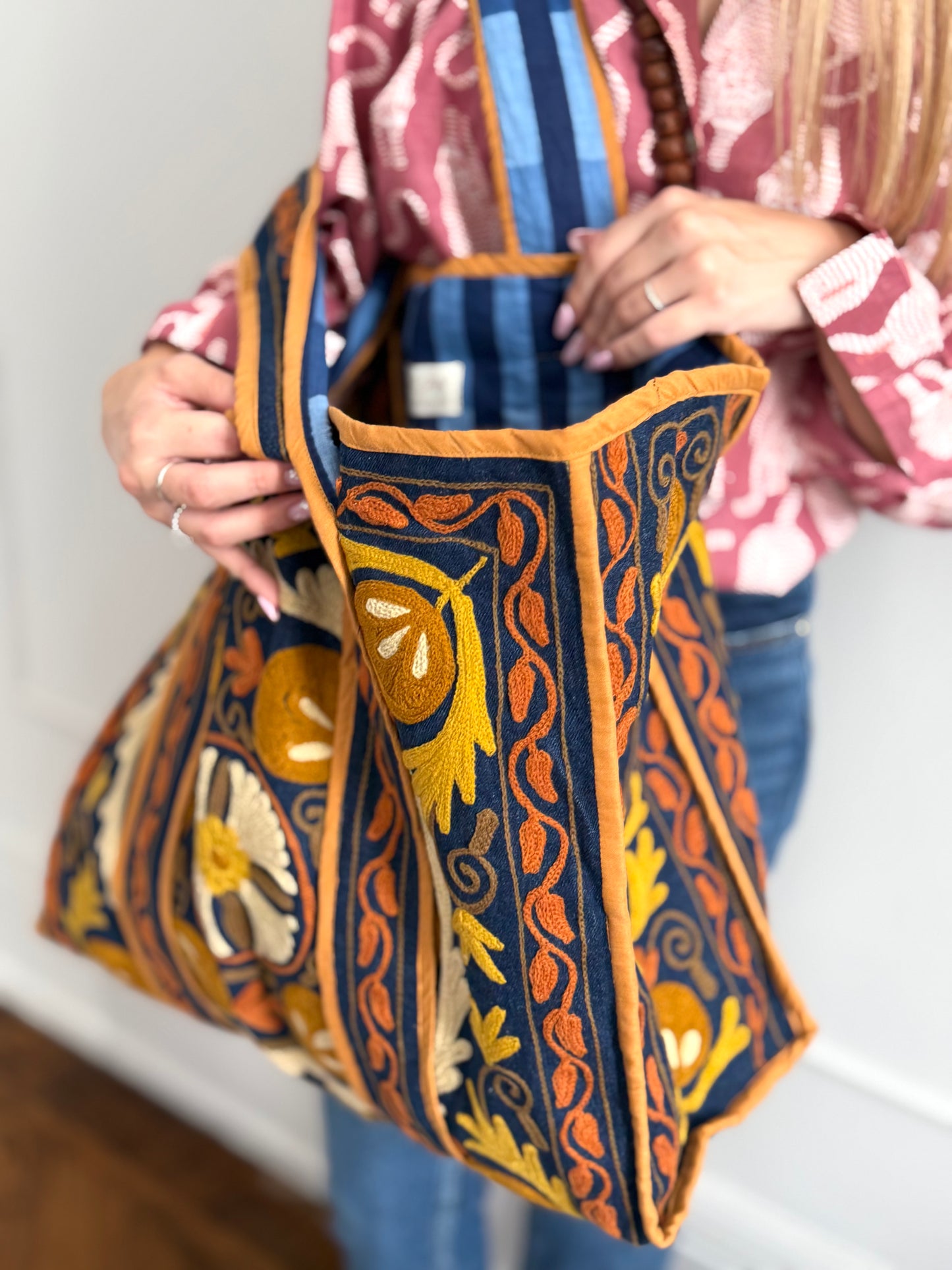 Denim Suzani Embroidered Tote Bag