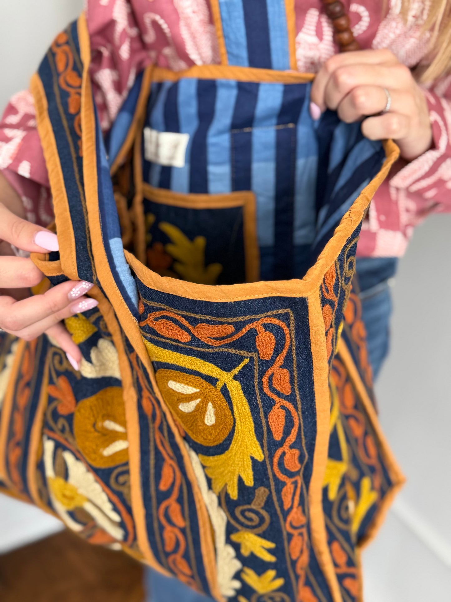 Denim Suzani Embroidered Tote Bag