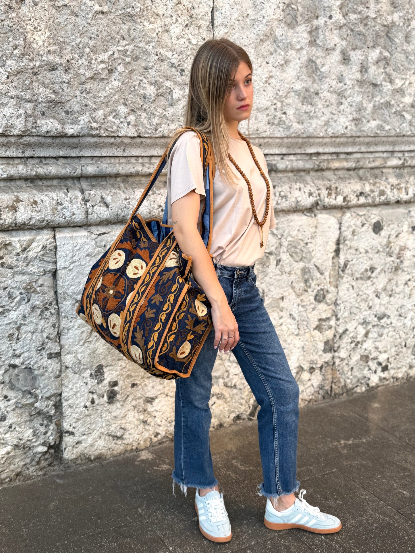 Denim Suzani Embroidered Tote Bag