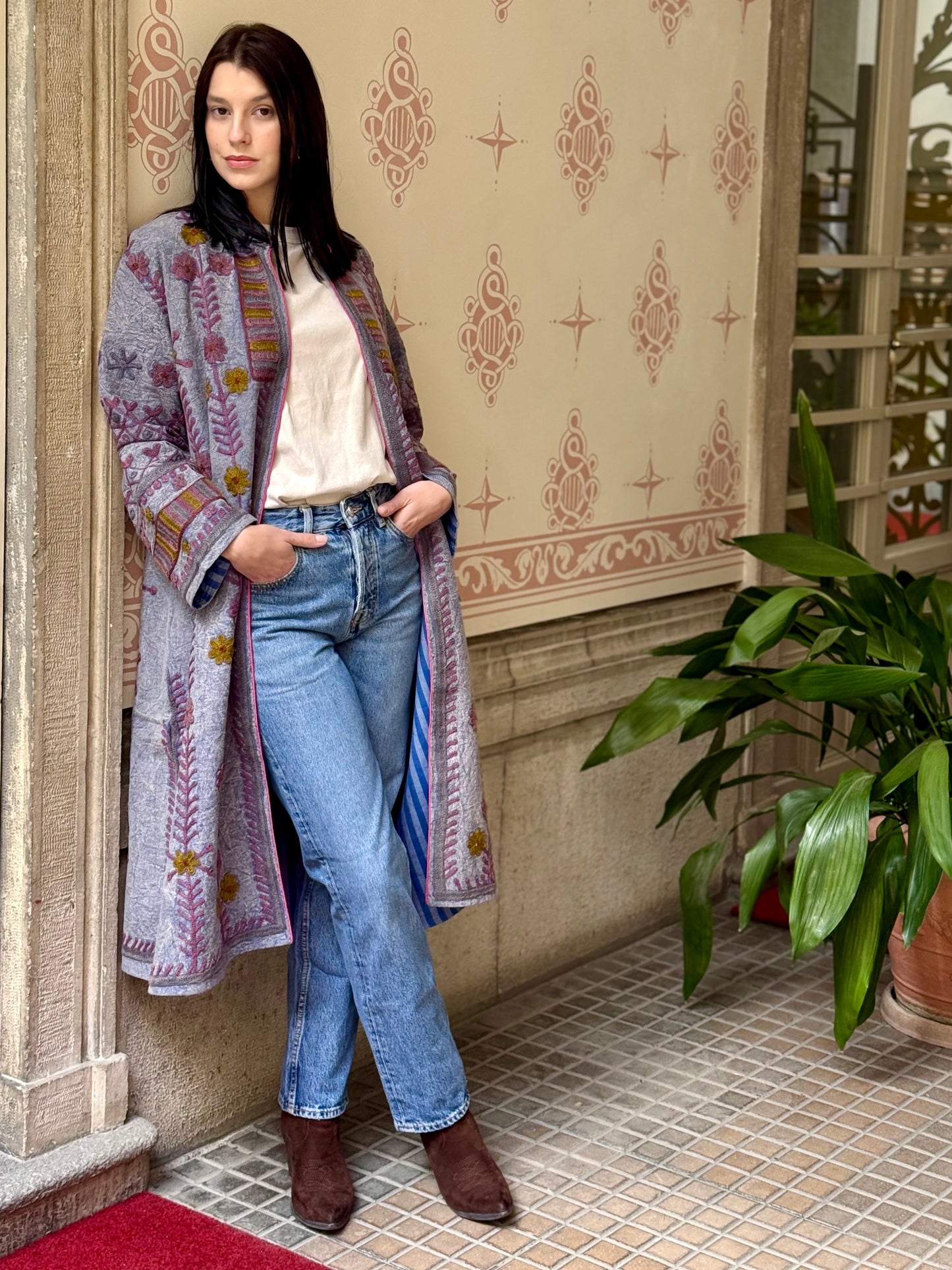 Embroidered Stone Washed Coat - One Size