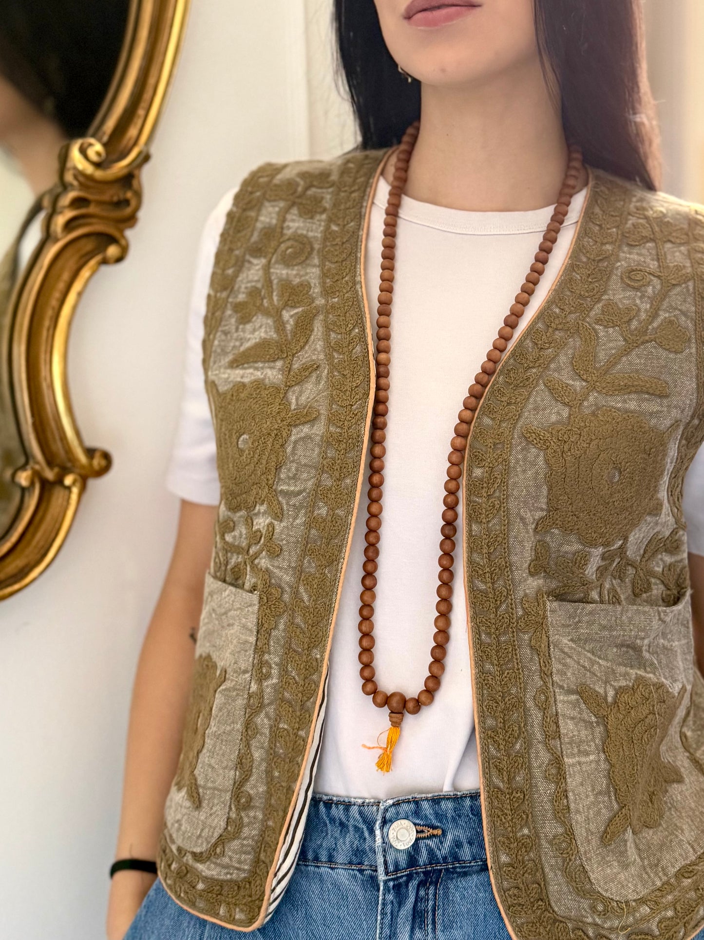 Cotton Boho Embroidered Vest - Beige