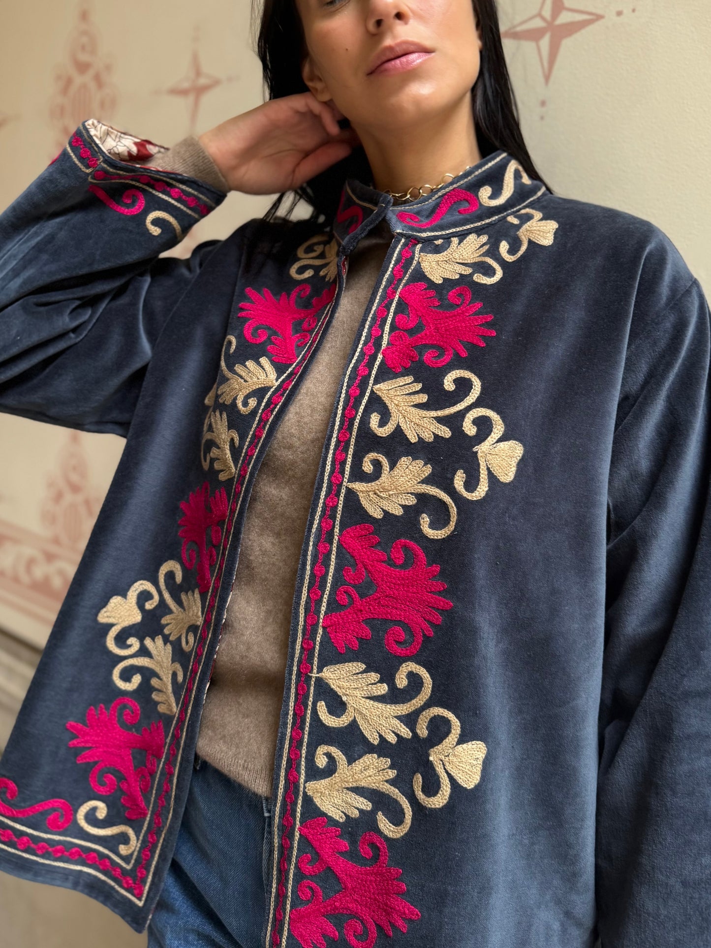 Rani Velvet Suzani Embroidered Jacket - Blue One Size