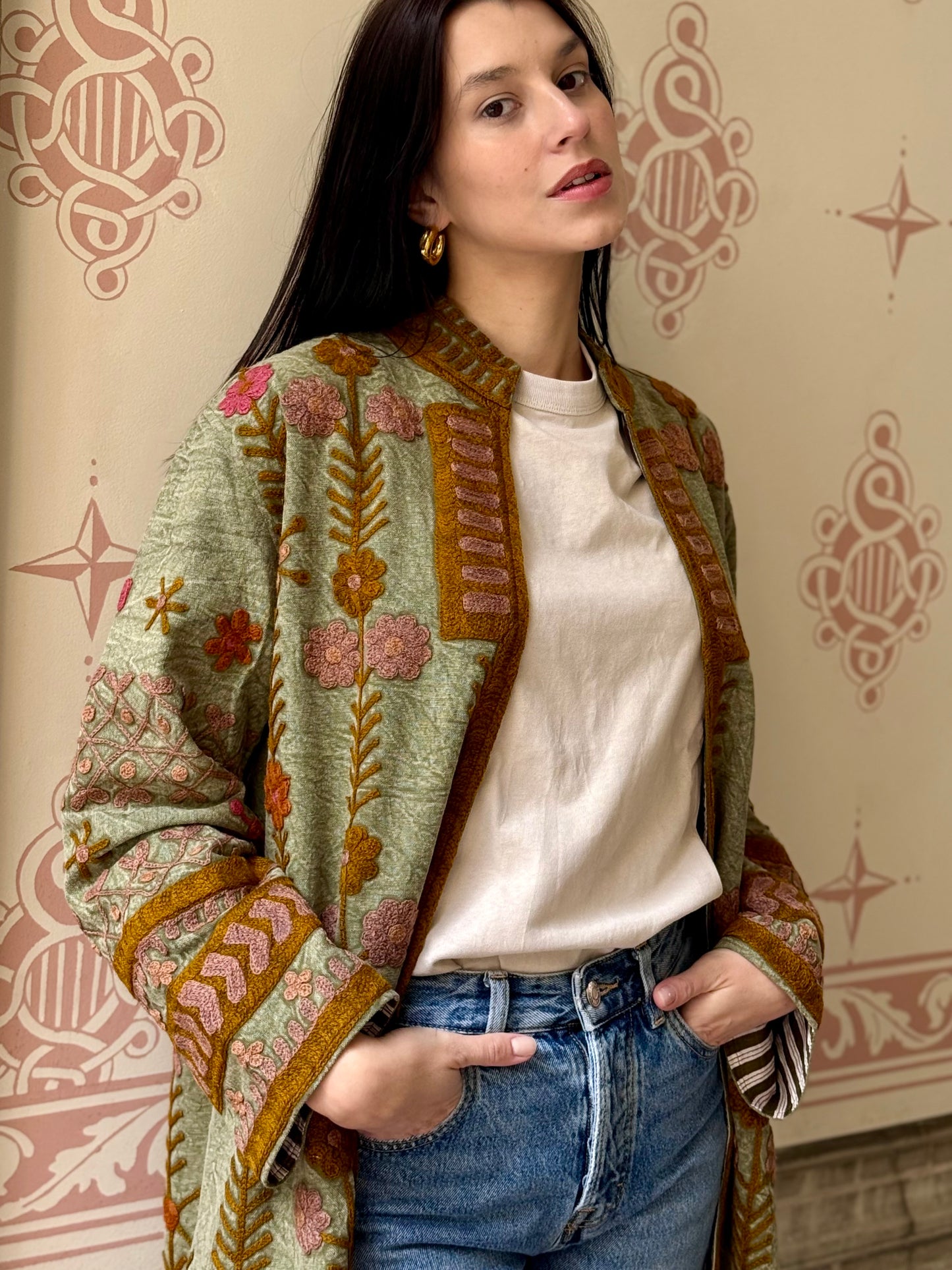 Embroidered Stone Washed Coat - One Size
