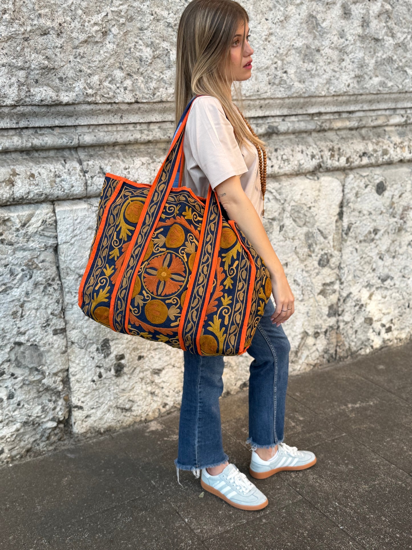 Denim Suzani Embroidered Tote Bag