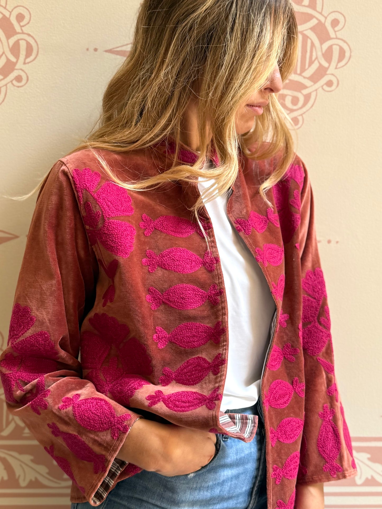 Flower Velvet Jacket - Fuchsia Medium