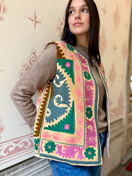 Cotton Embroidered Suzani Vest - Green Flower One Size
