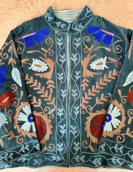Velvet Suzani Embroidered Jacket - Forest Green One Size
