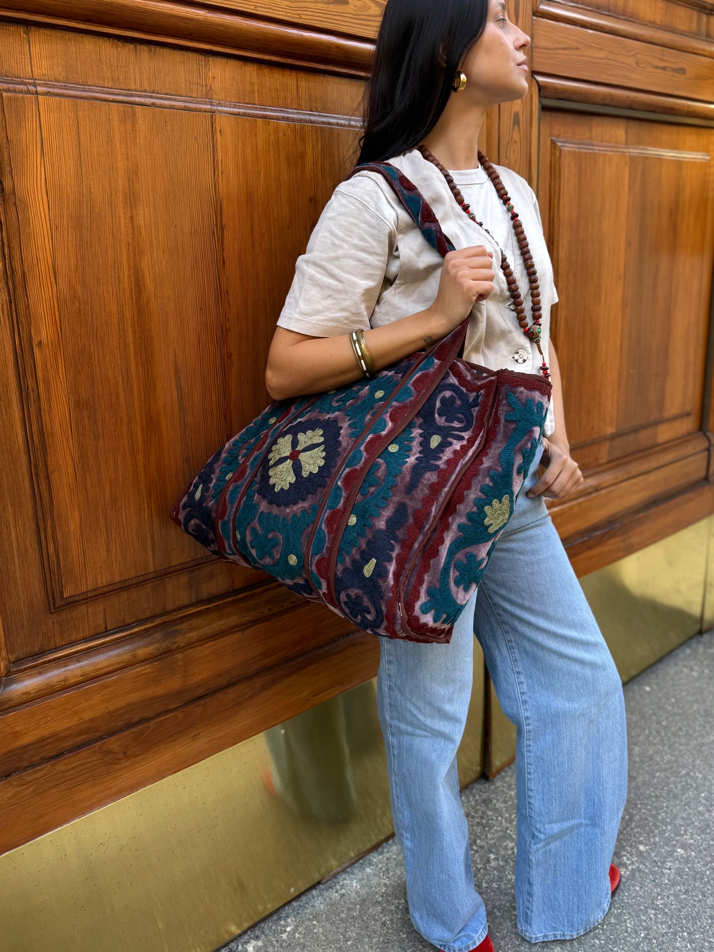 Velvet Suzani Embroidered Tote Bag