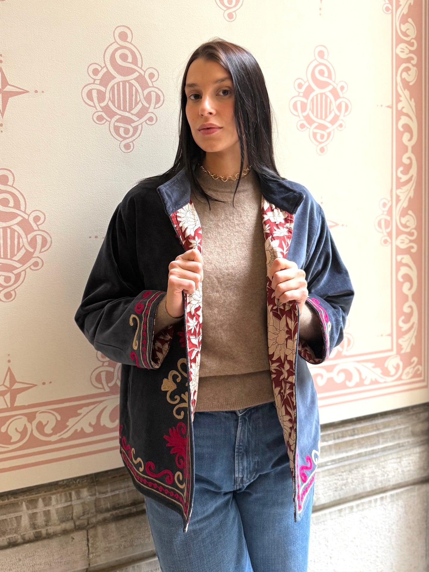 Rani Velvet Suzani Embroidered Jacket - Blue One Size
