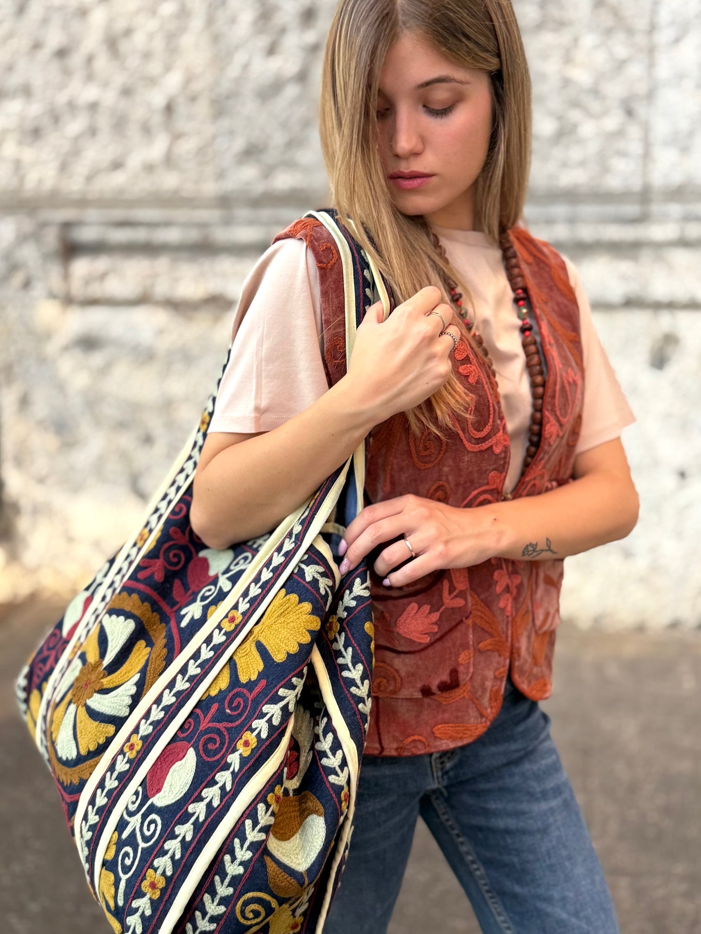 Denim Suzani Embroidered Tote Bag