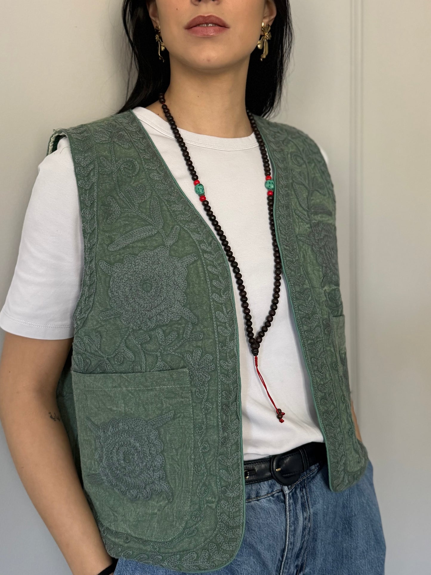 Cotton Boho Embroidered Vest - Green
