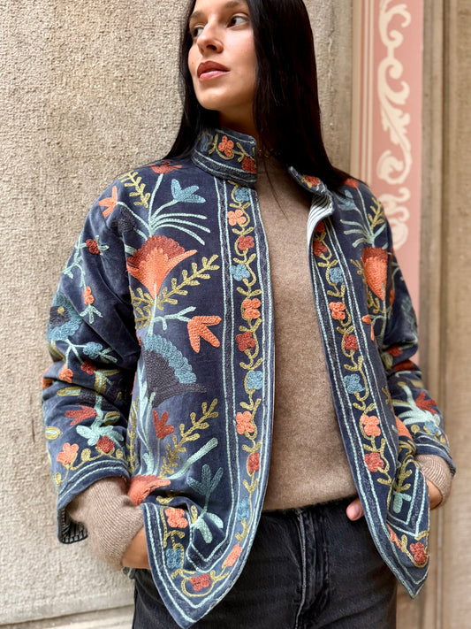Velvet Suzani Embroidered Jacket - Grey One Size