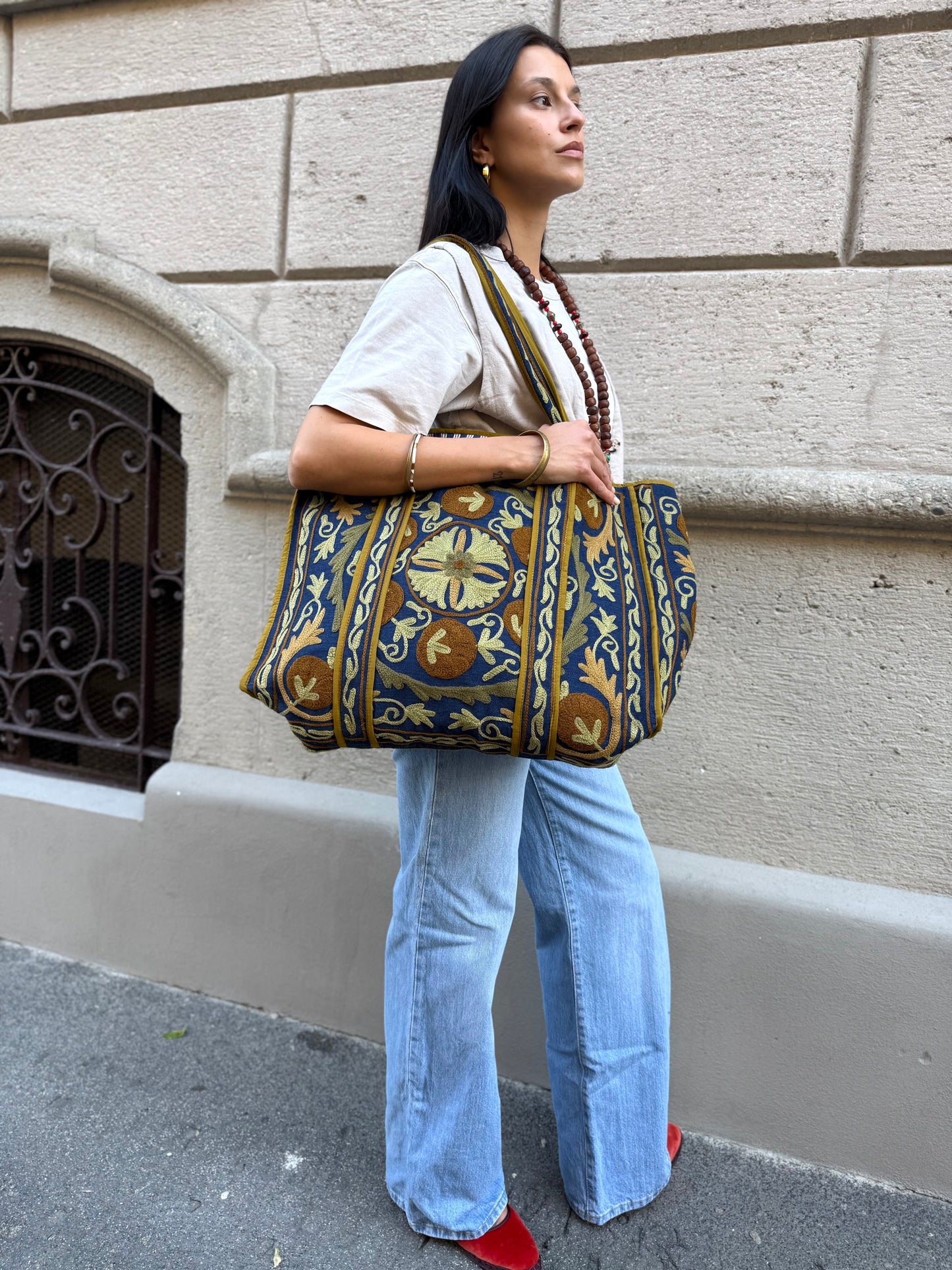 Denim Suzani Embroidered Tote Bag