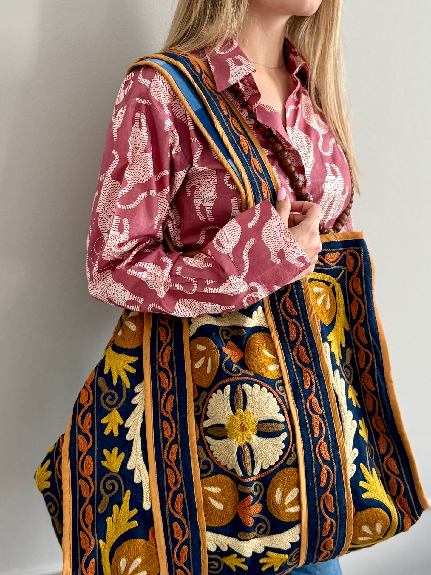 Denim Suzani Embroidered Tote Bag