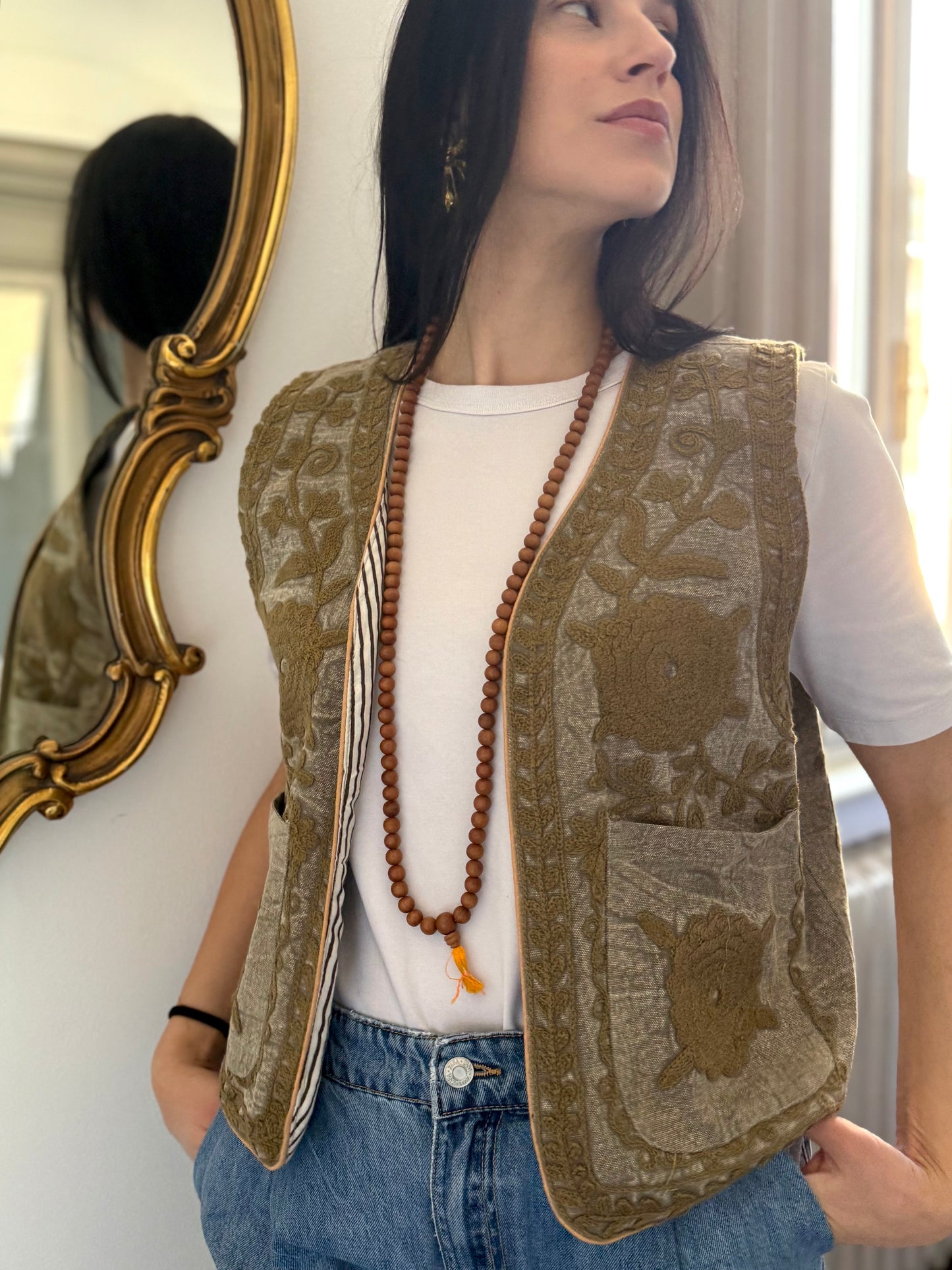 Cotton Boho Embroidered Vest - Beige