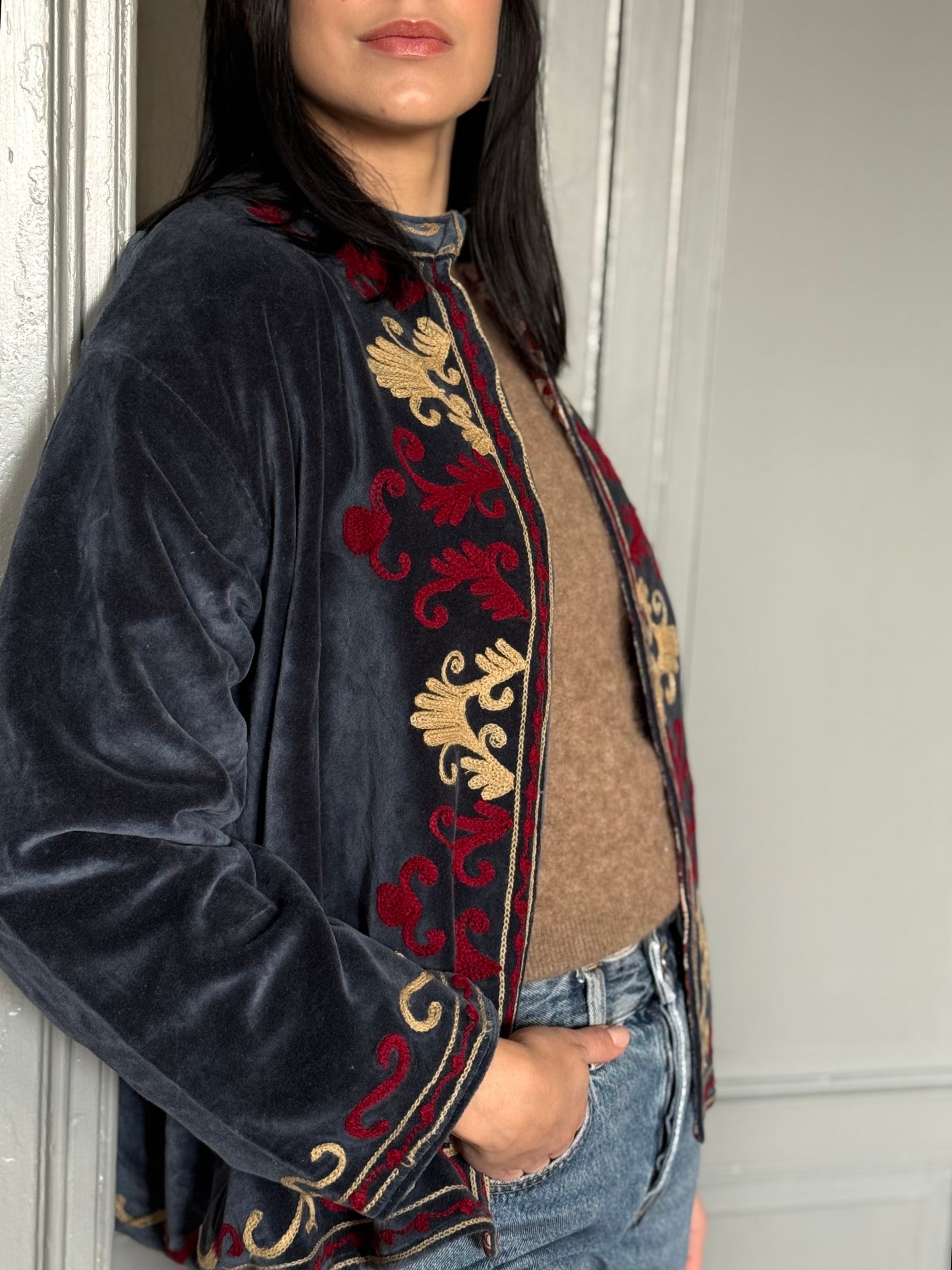 Rani Velvet Suzani Embroidered Jacket - Blue One Size