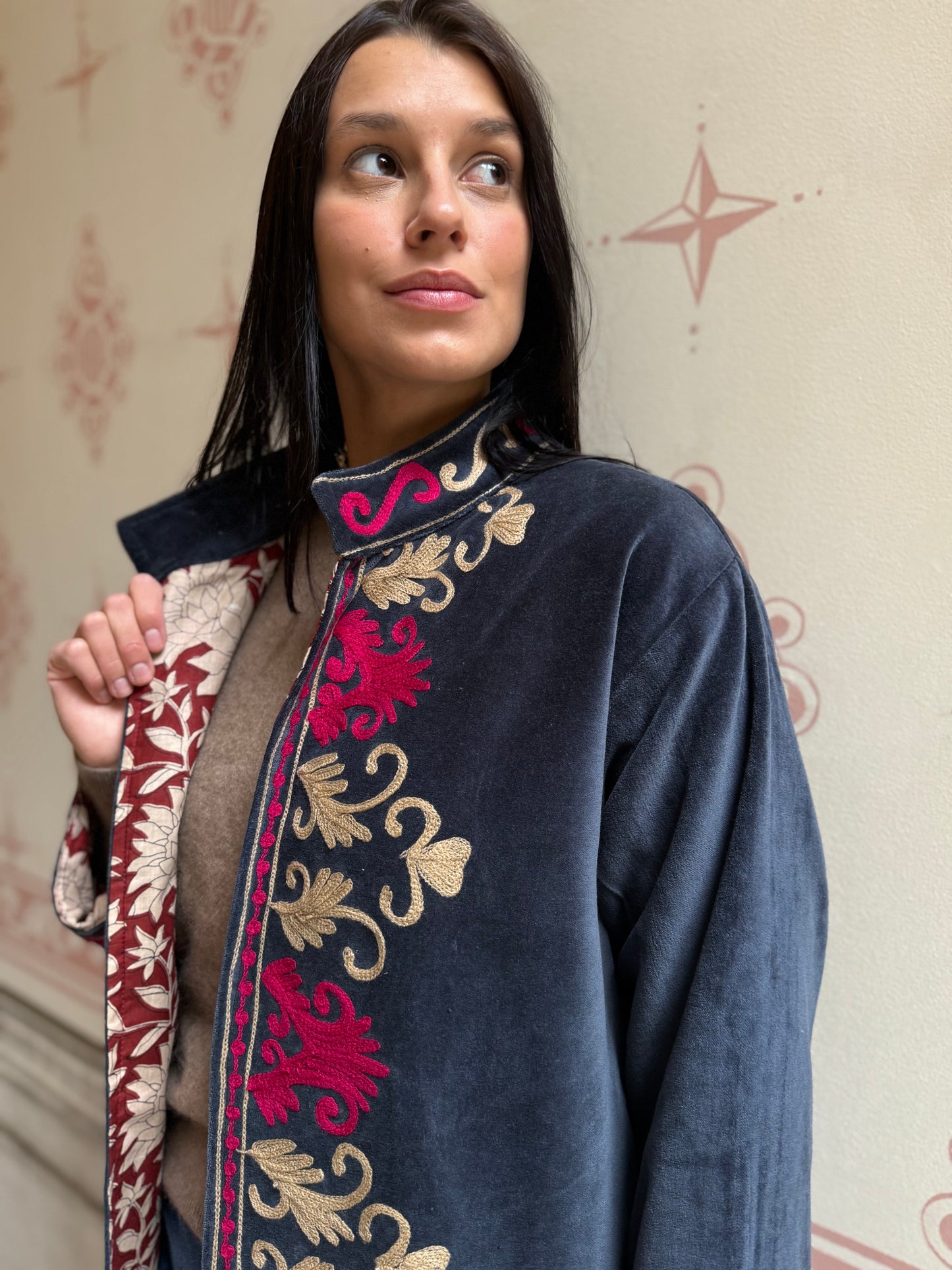 Rani Velvet Suzani Embroidered Jacket - Blue One Size