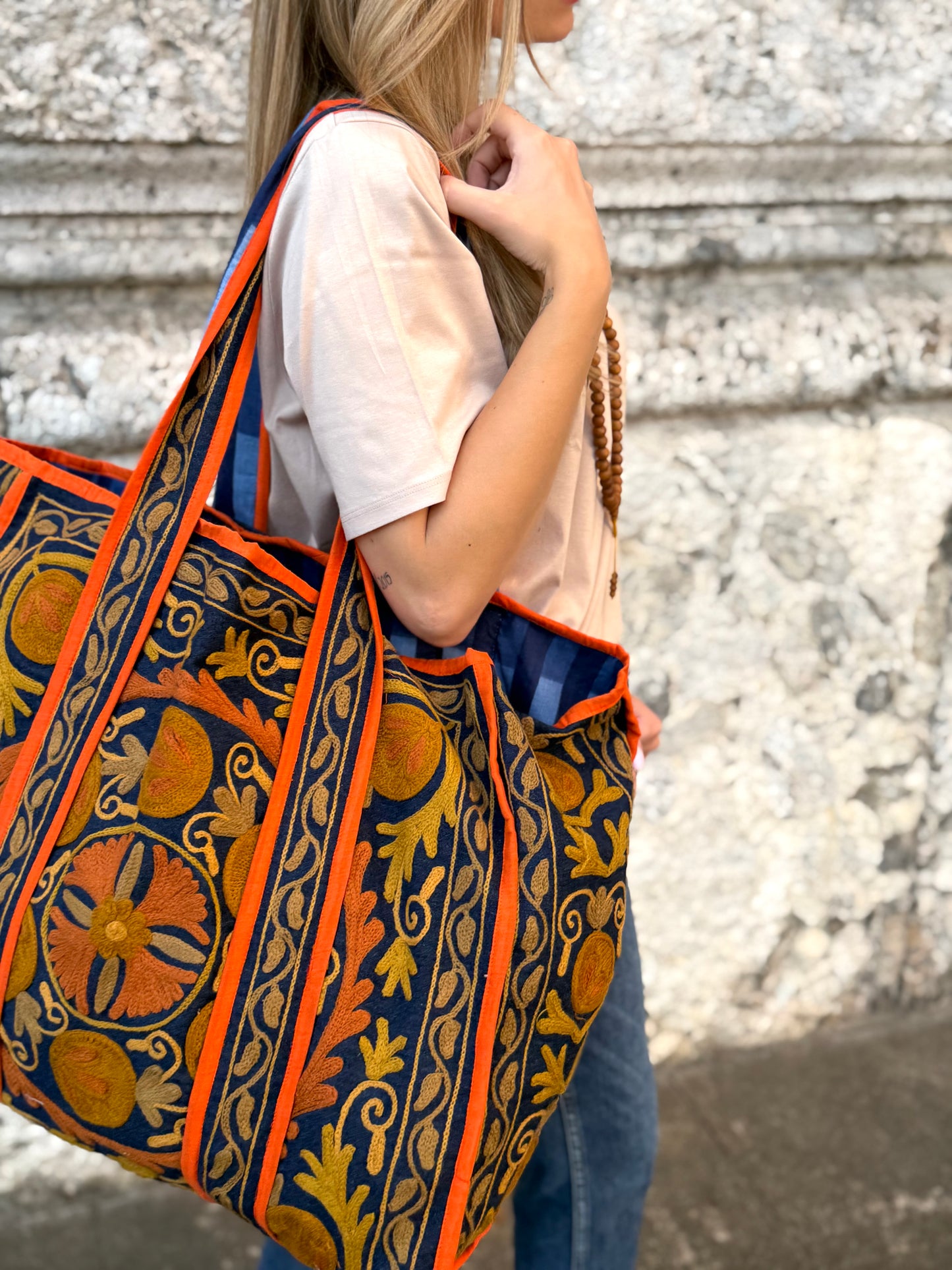 Denim Suzani Embroidered Tote Bag