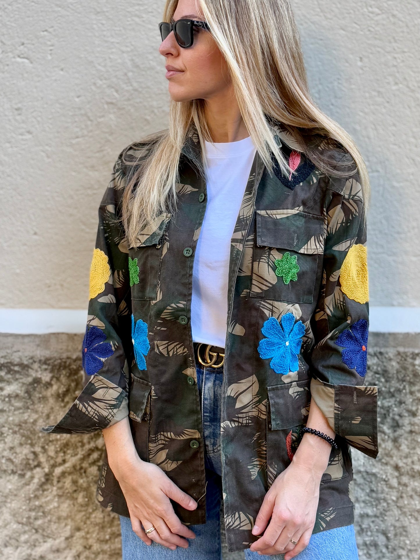 Vintage Army Jacket hand embroidered - Poppy