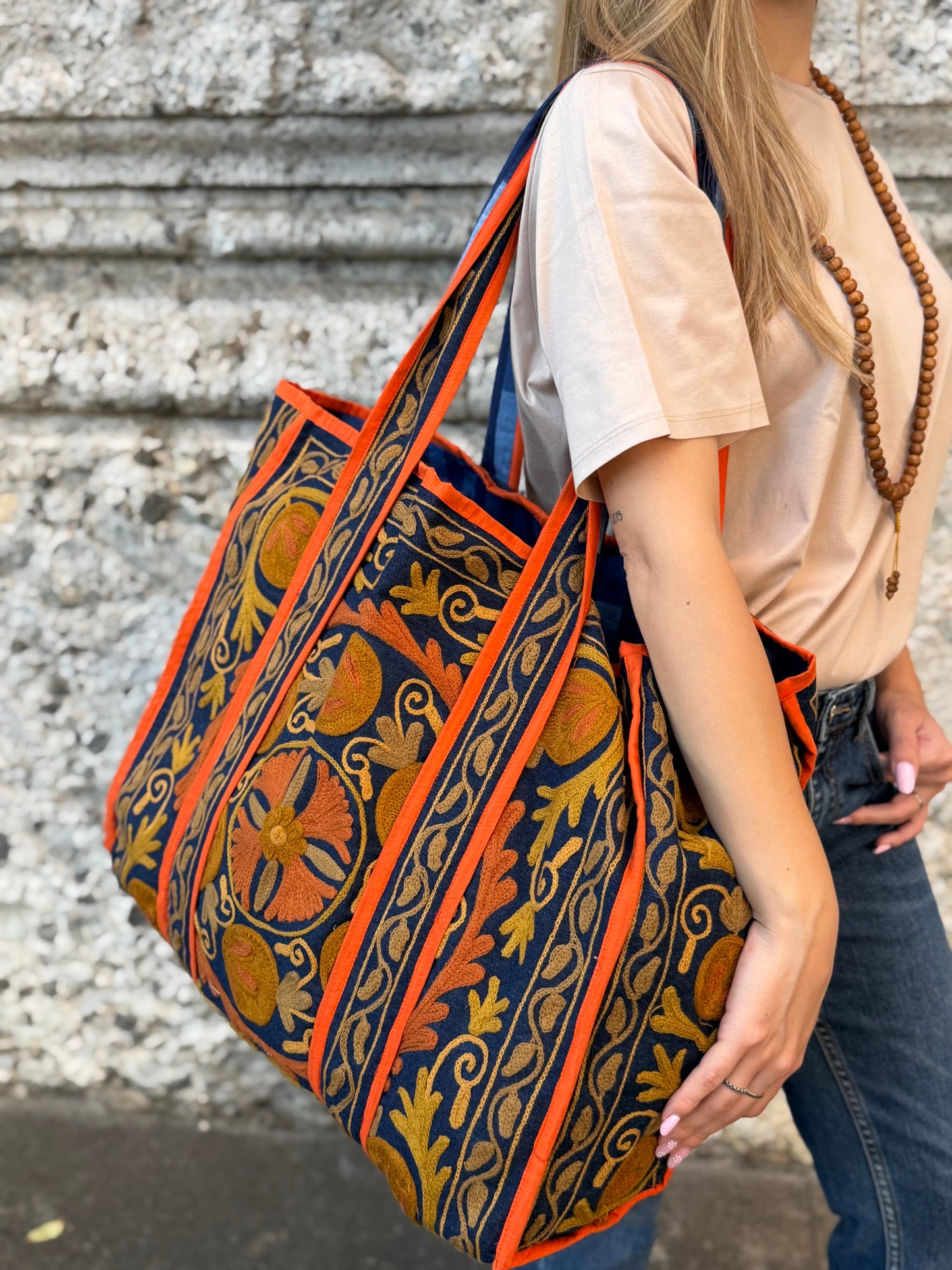 Denim Suzani Embroidered Tote Bag