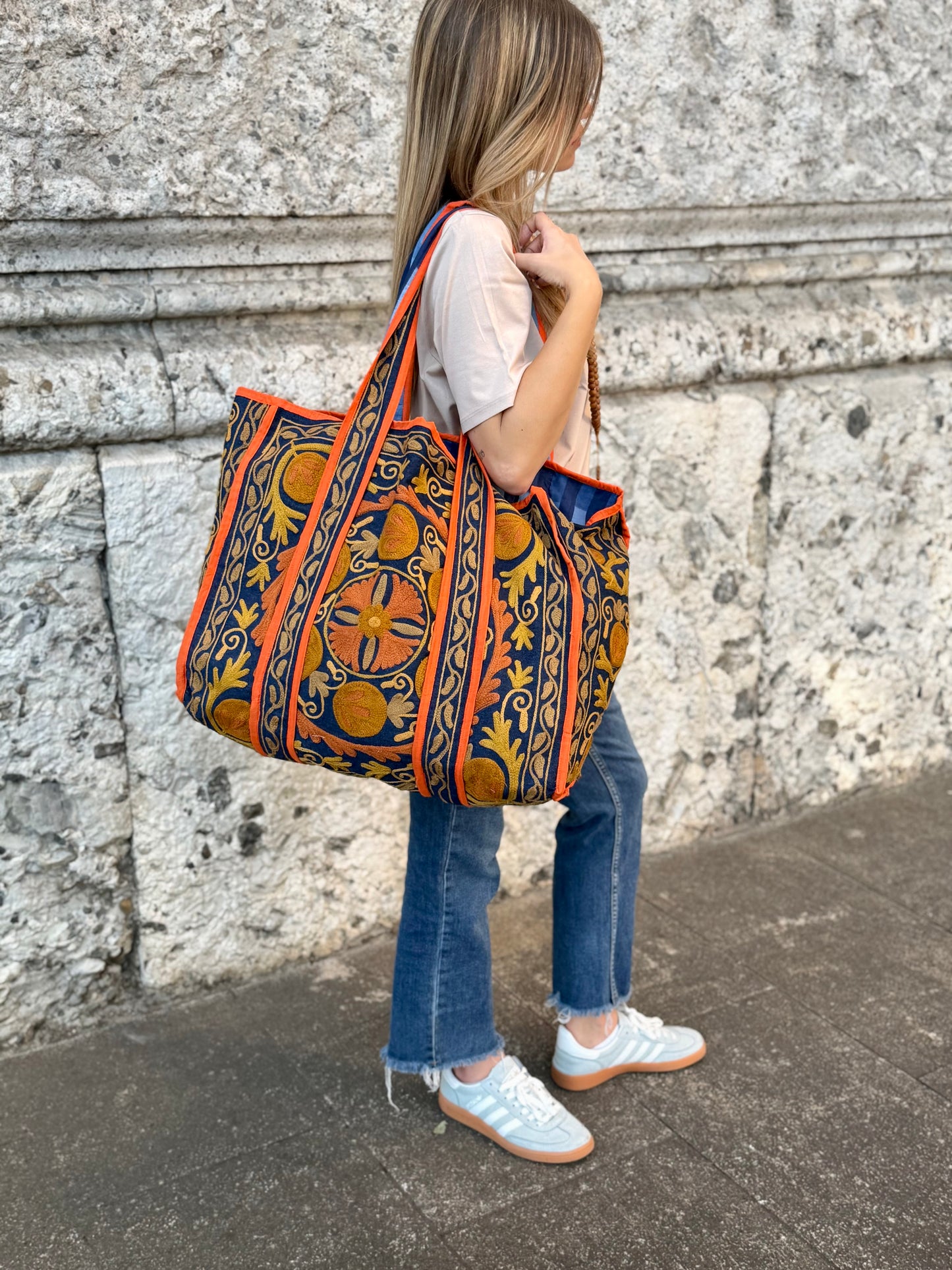 Denim Suzani Embroidered Tote Bag