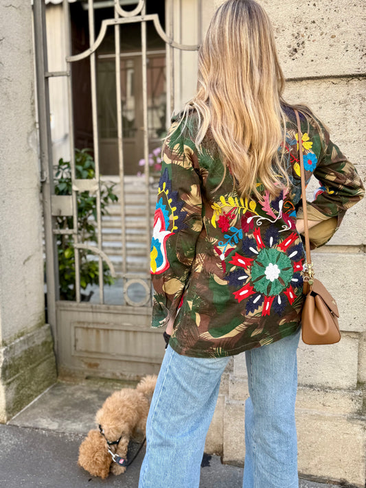 Giacca Vintage militare ricamata a mano - Margherita Blu