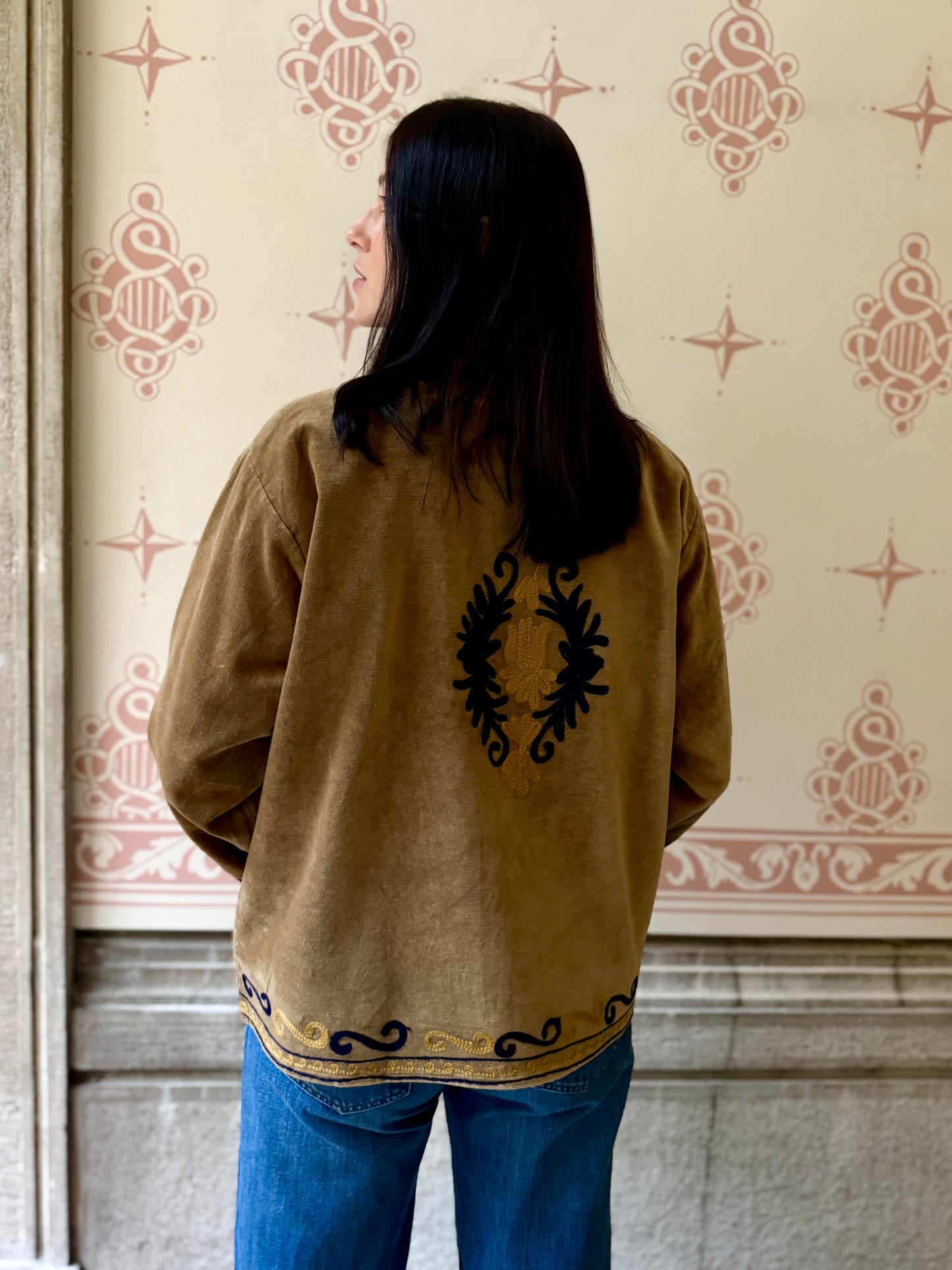 Rani Velvet Suzani Embroidered Jacket - Khaki One Size