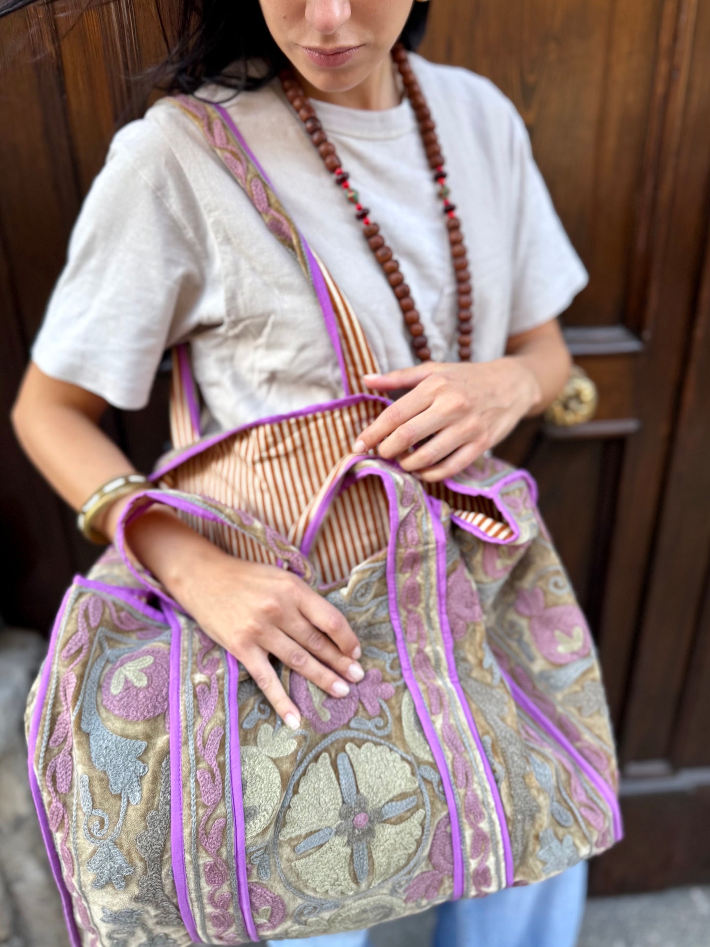 Velvet Suzani Embroidered Tote Bag