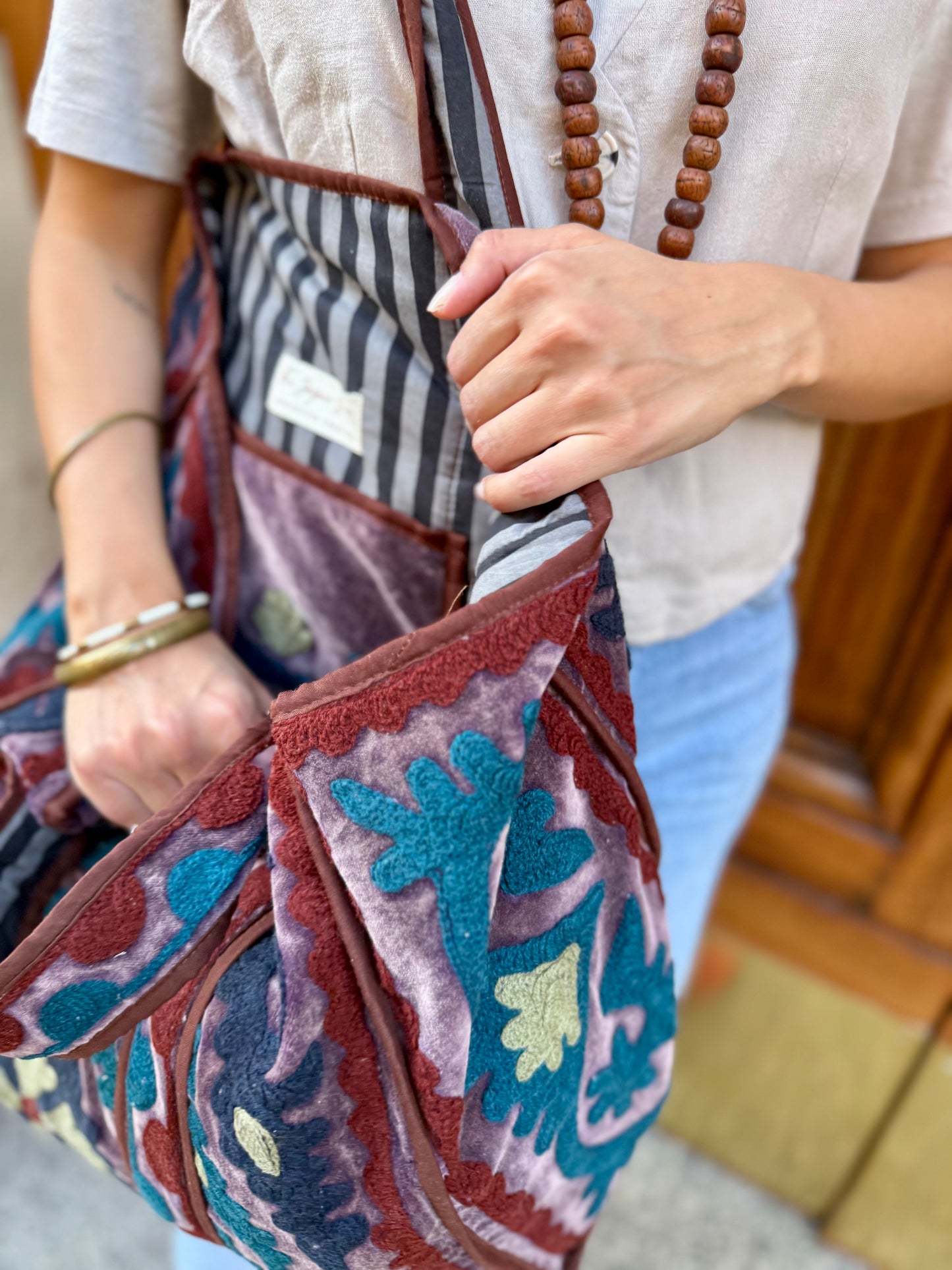 Velvet Suzani Embroidered Tote Bag