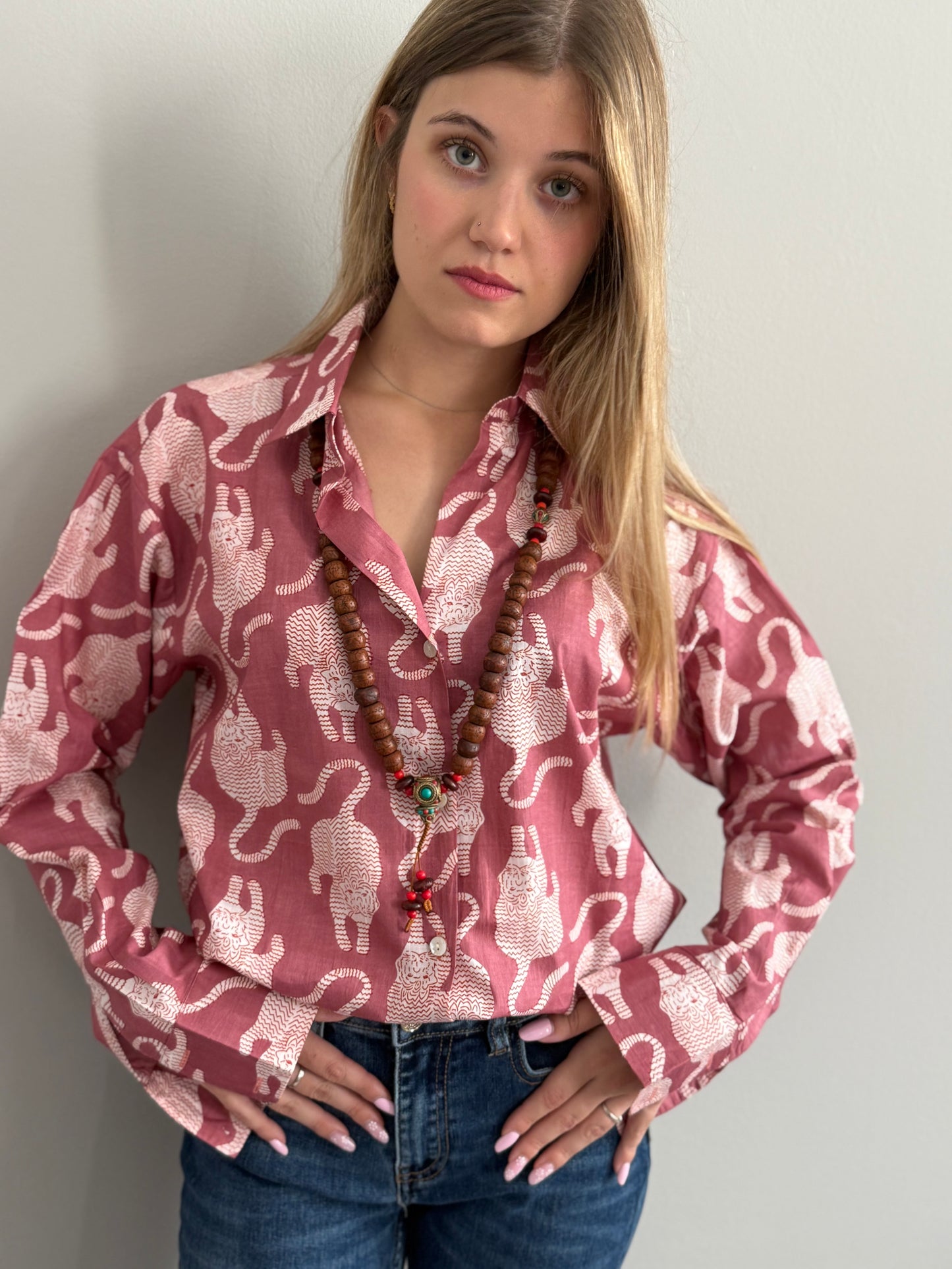 Cotton Shirt - Tibetan Tiger Antique Pink