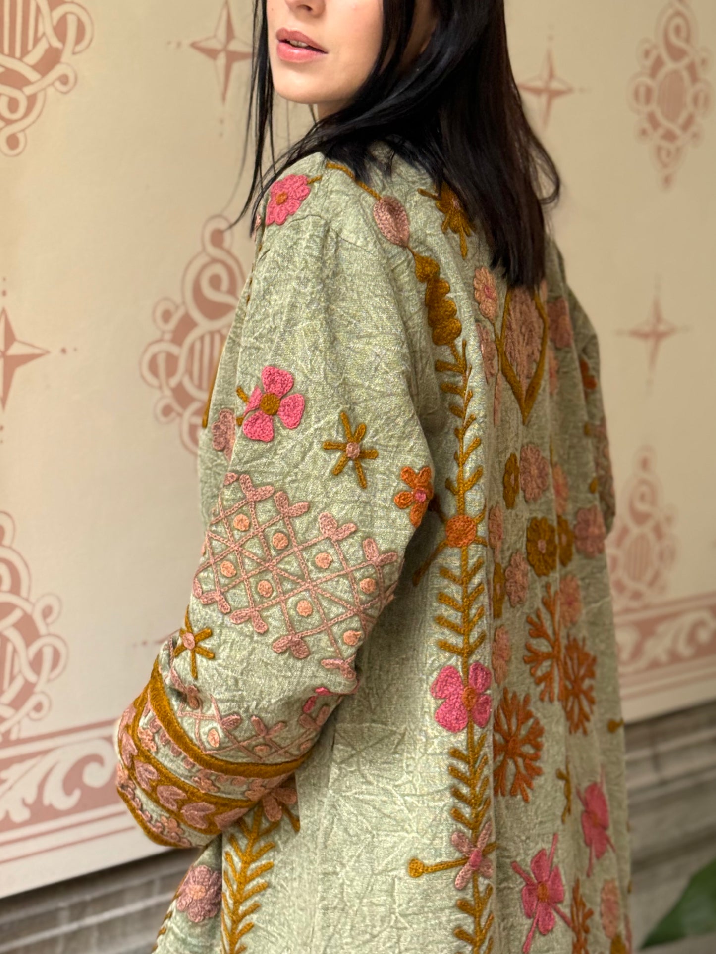 Embroidered Stone Washed Coat - One Size
