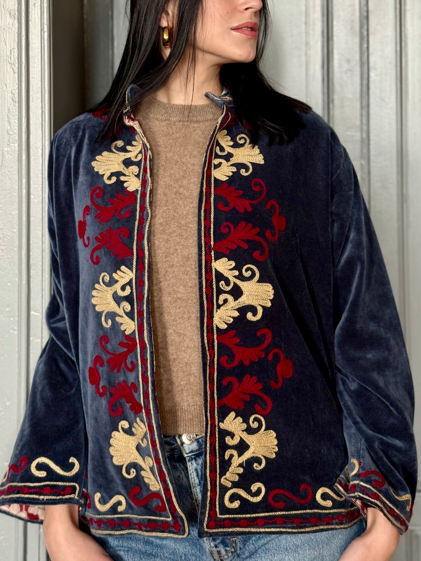 Rani Velvet Suzani Embroidered Jacket - Blue One Size