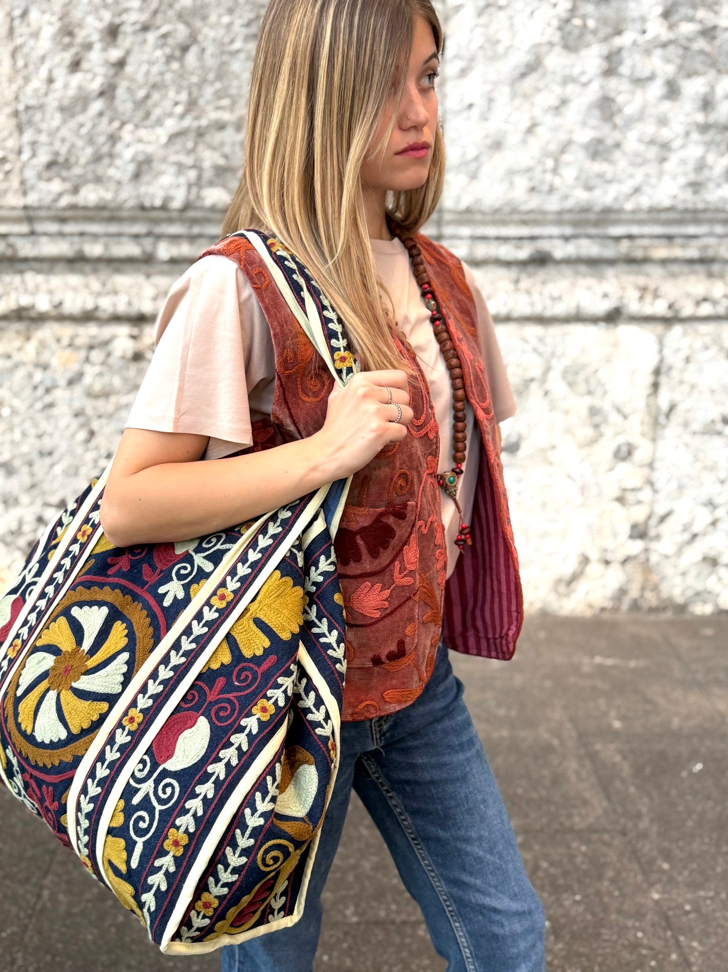Denim Suzani Embroidered Tote Bag