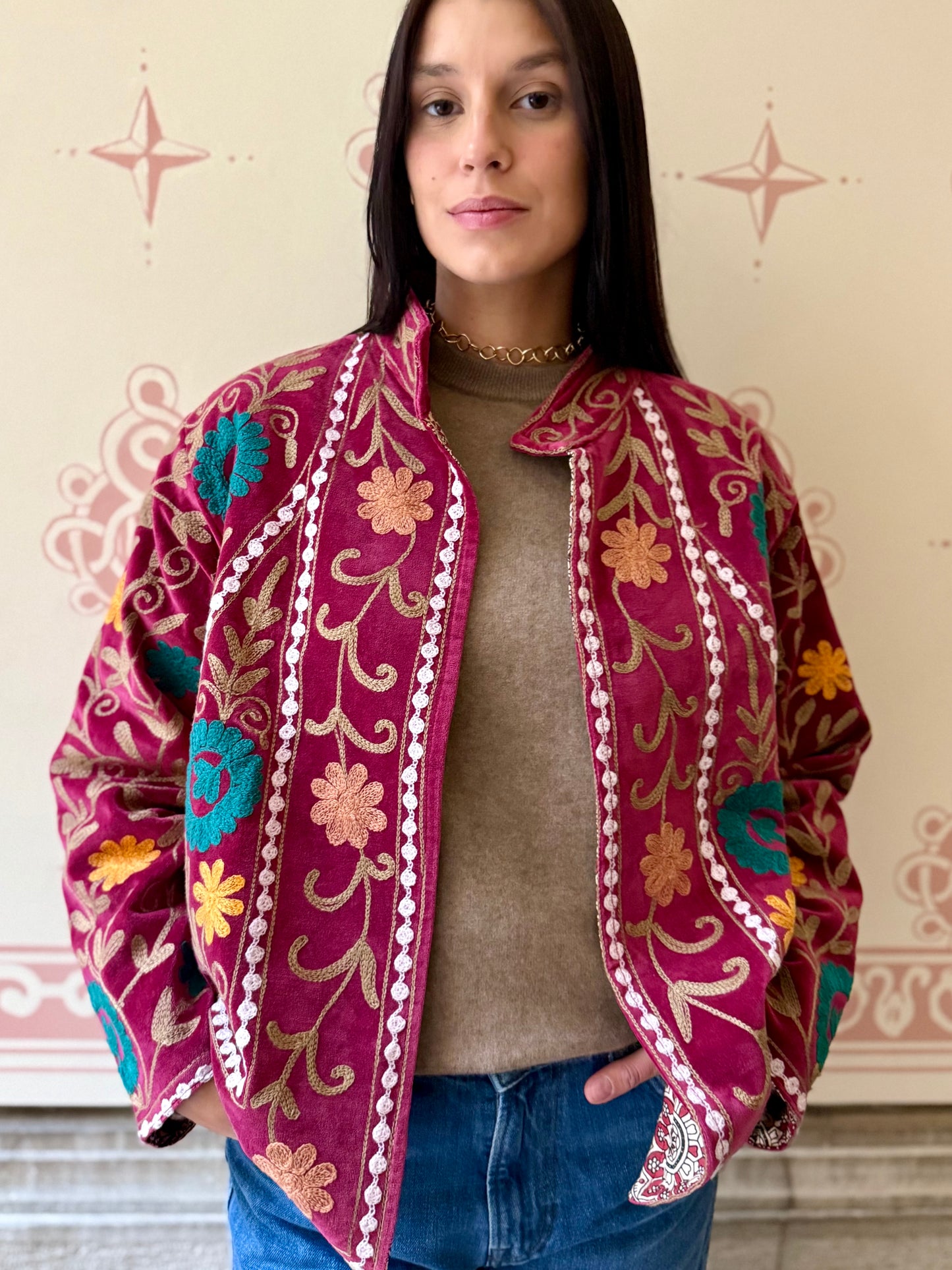 Paris Velvet Suzani Embroidered Jacket - Bordeaux/Beige One Size