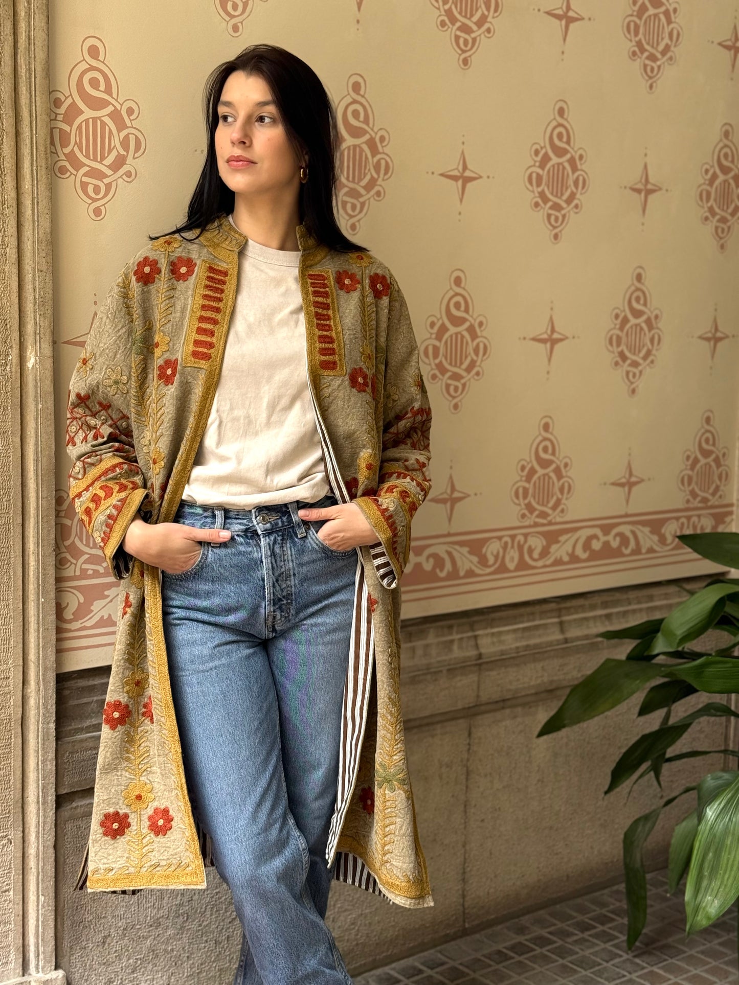 Embroidered Stone Washed Coat - One Size