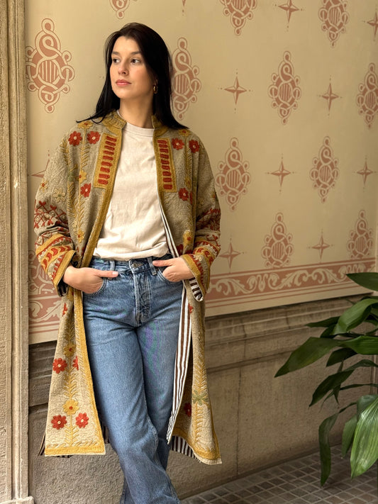 Embroidered Stone Washed Coat - One Size