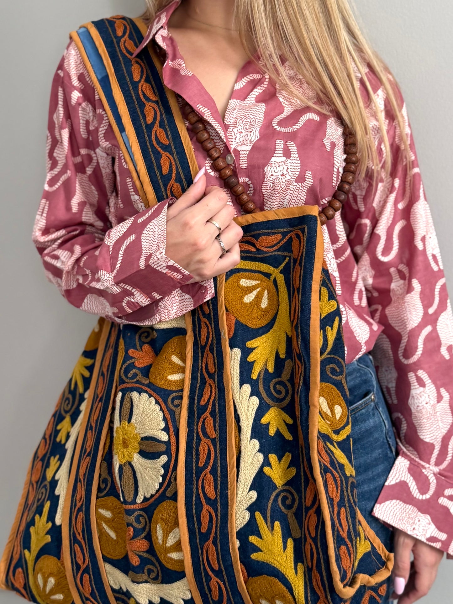 Denim Suzani Embroidered Tote Bag