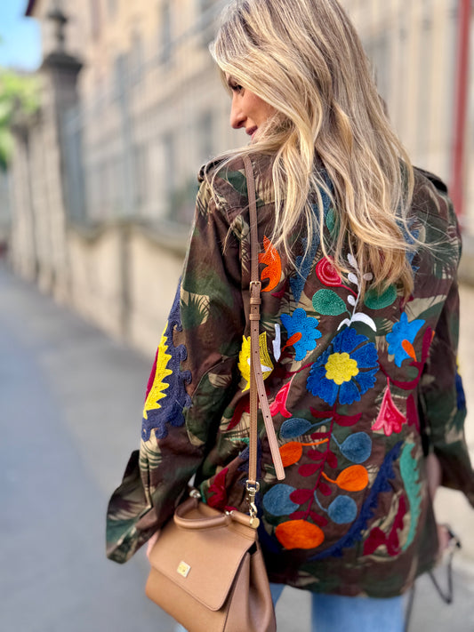 Vintage Army Jacket hand embroidered - Rose