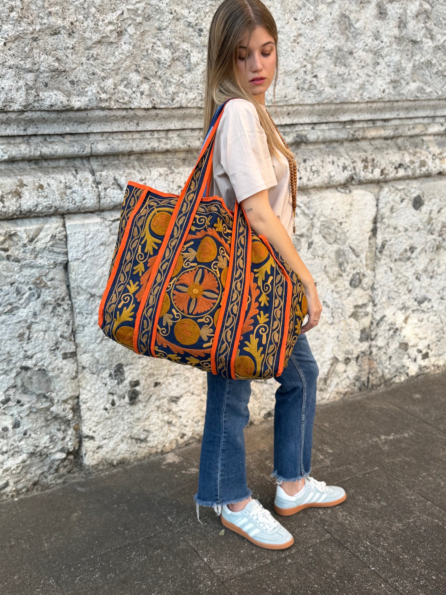 Denim Suzani Embroidered Tote Bag