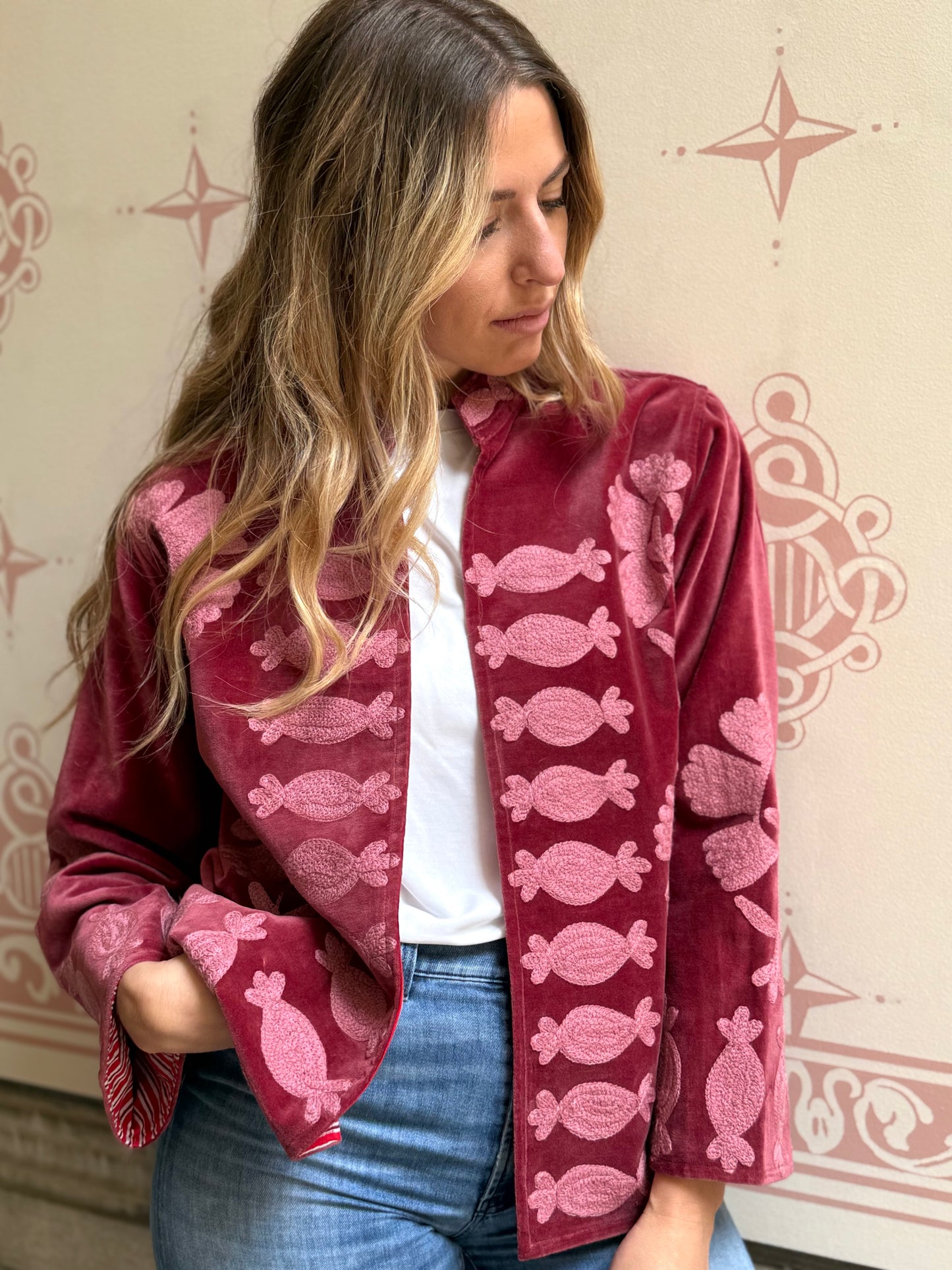 Flower Velvet Jacket - Pink Large