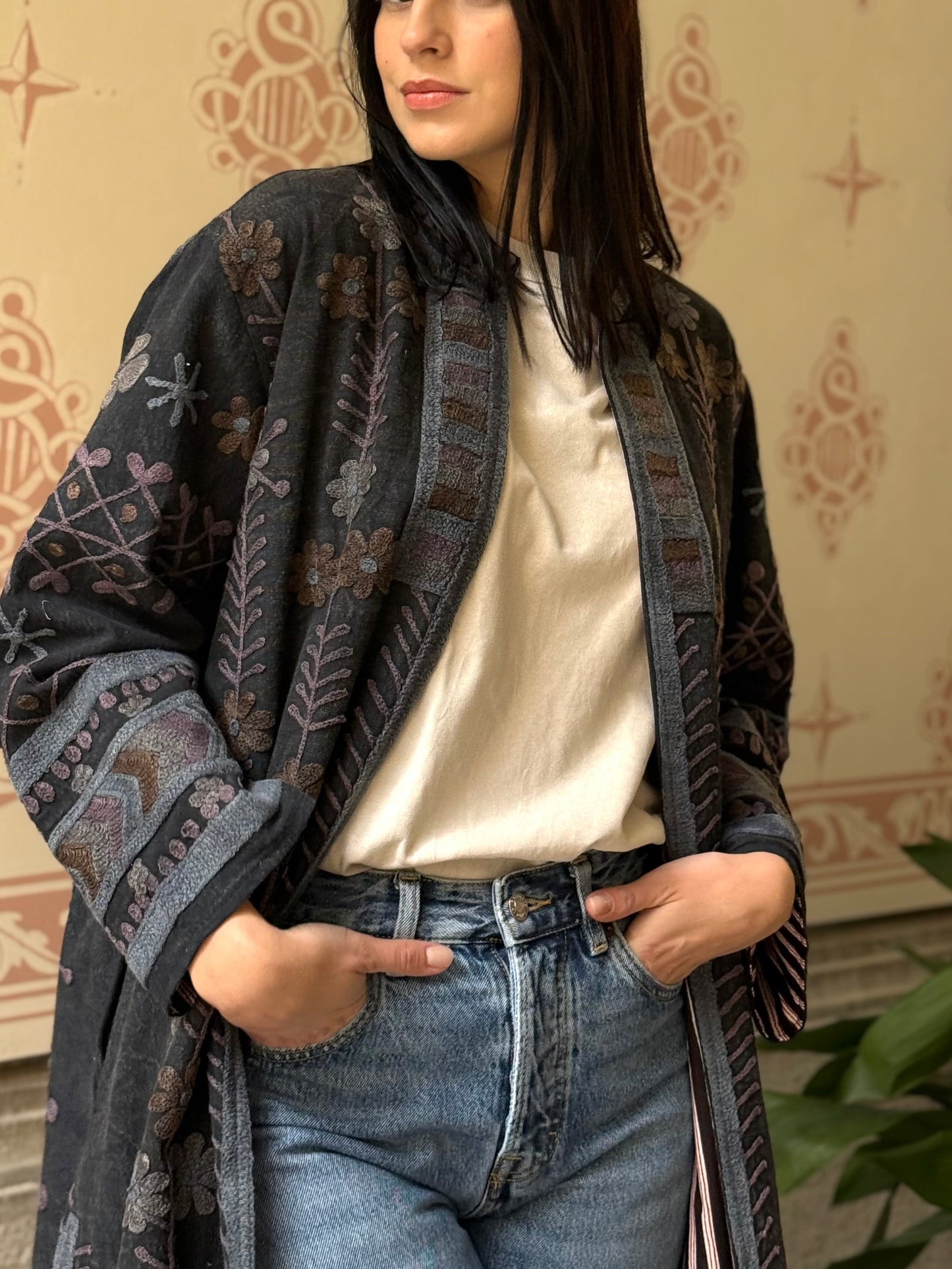 Embroidered Stone Washed Coat - One Size