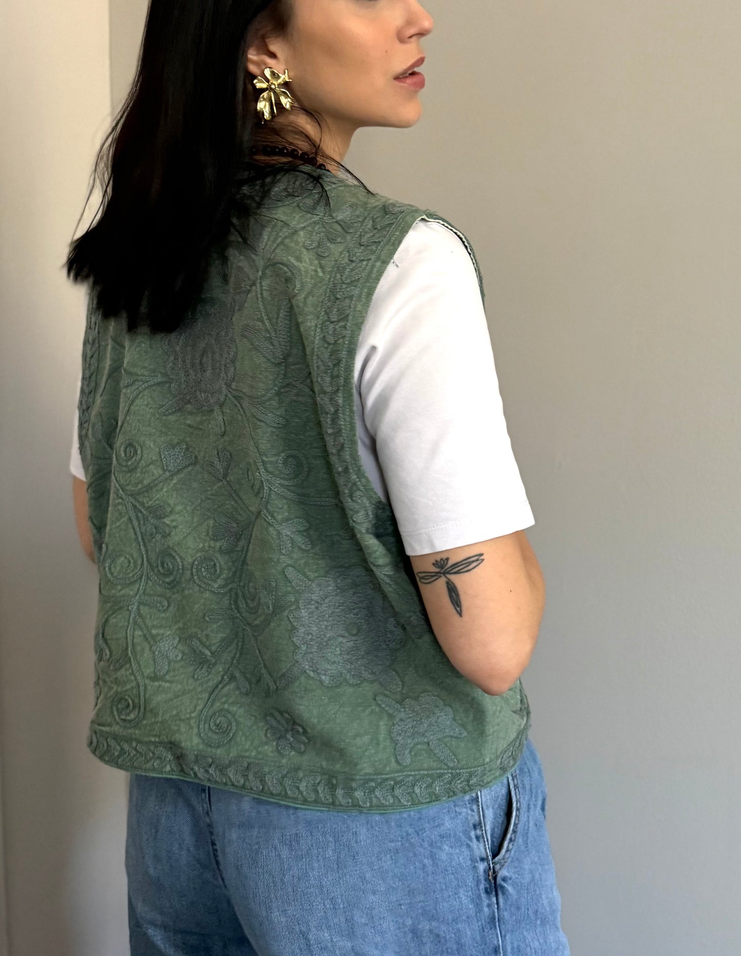 Cotton Boho Embroidered Vest - Green