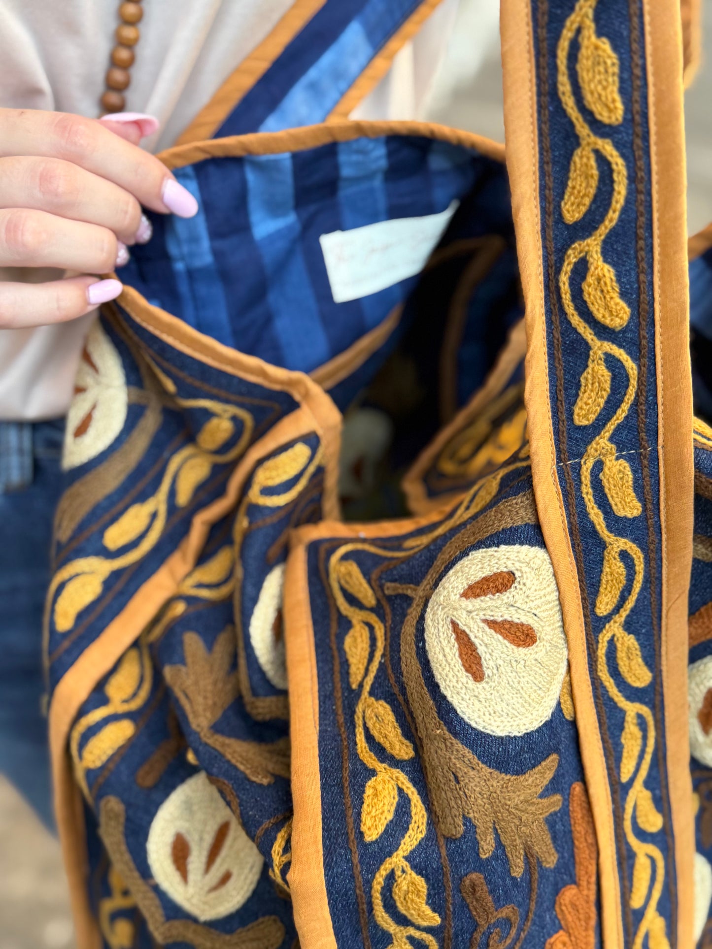 Denim Suzani Embroidered Tote Bag